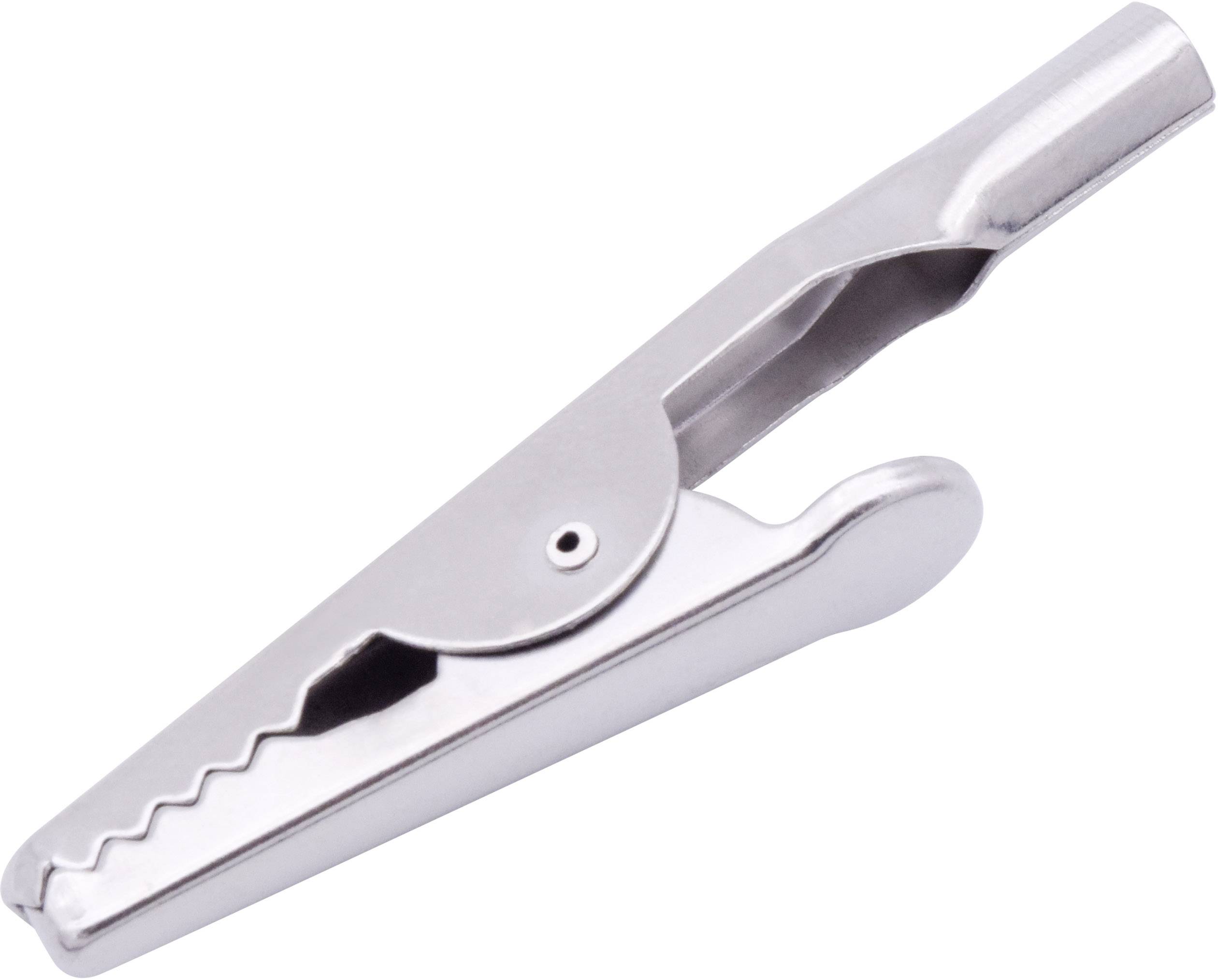 Silver metallic crocodile clip with serrated jaws for gripping objects.