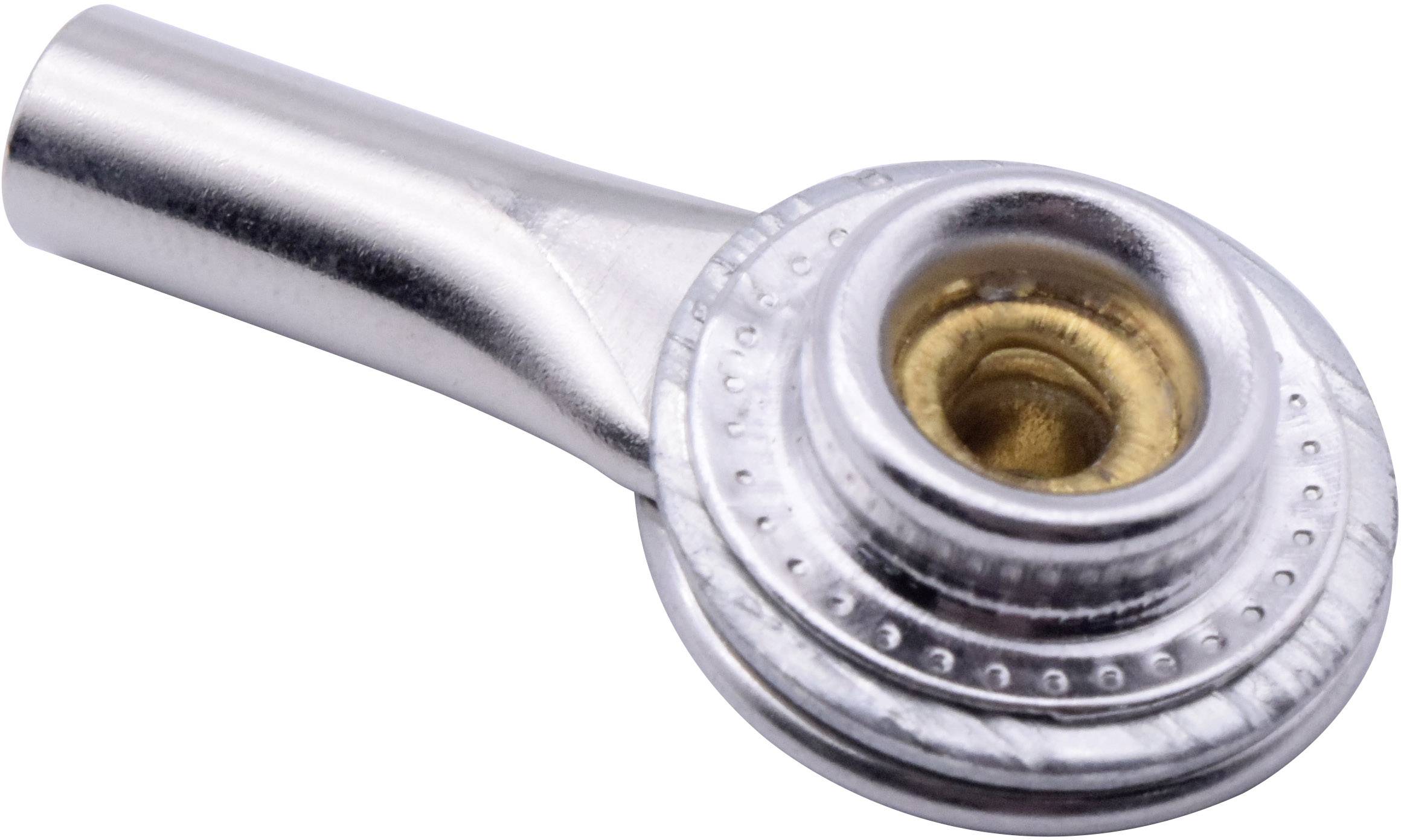 A silver-coloured metal part with a rounded end and a central, gold-coloured hole.