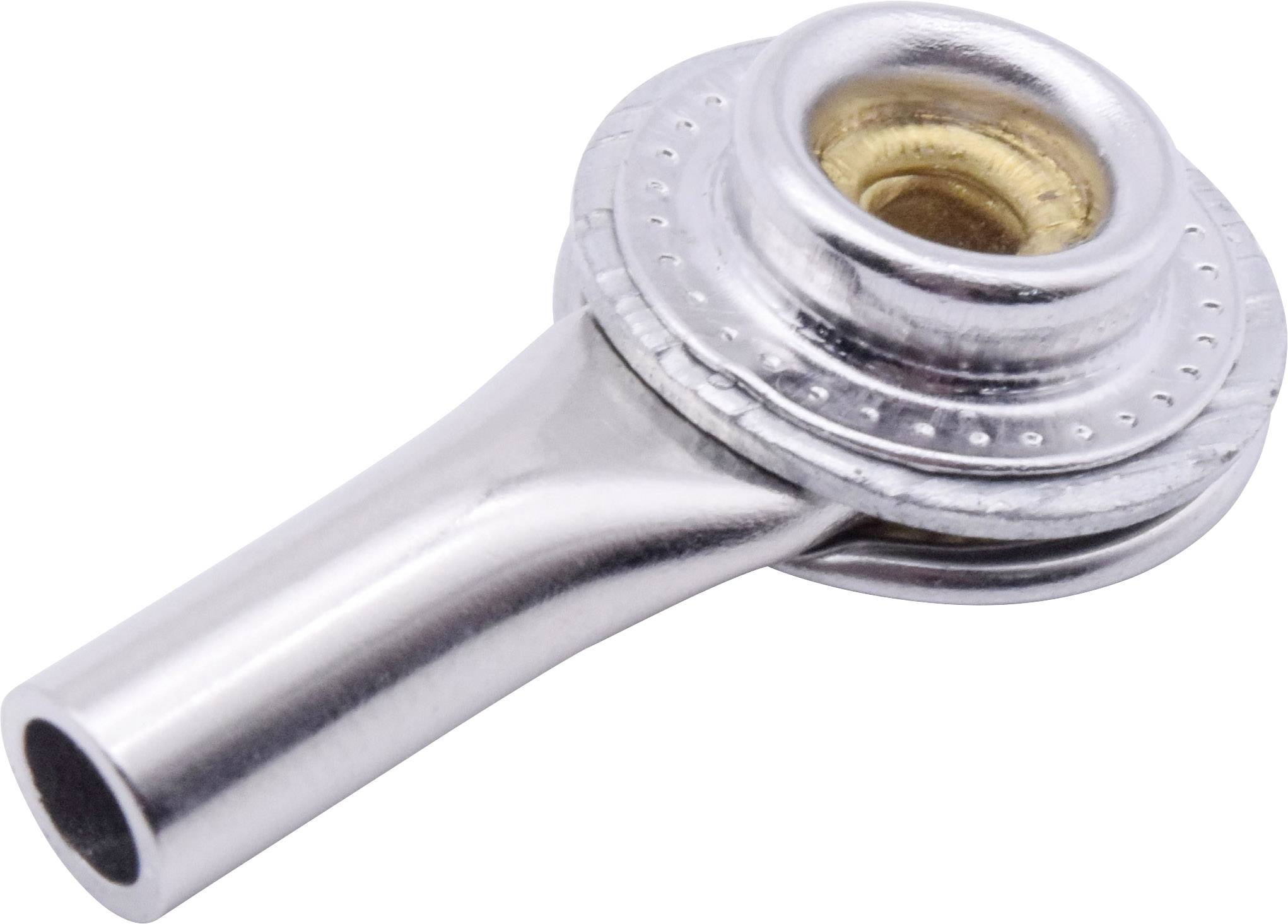 Metallic joint with a cylindrical shaft and a rotatable head. Commonly used in mechanical connections.