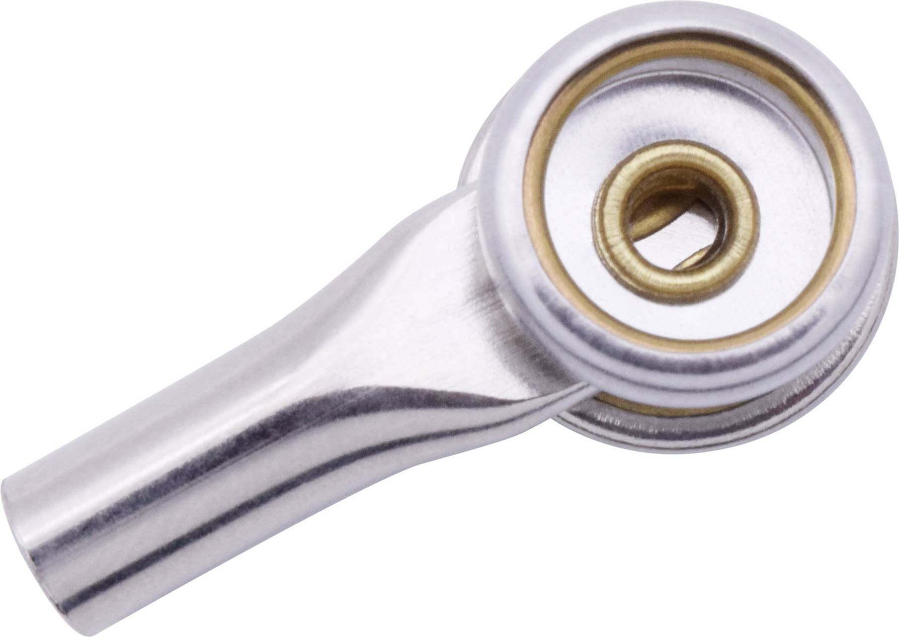 A silver metallic joint, also known as a ball joint, used in mechanical applications for mobility and flexibility.