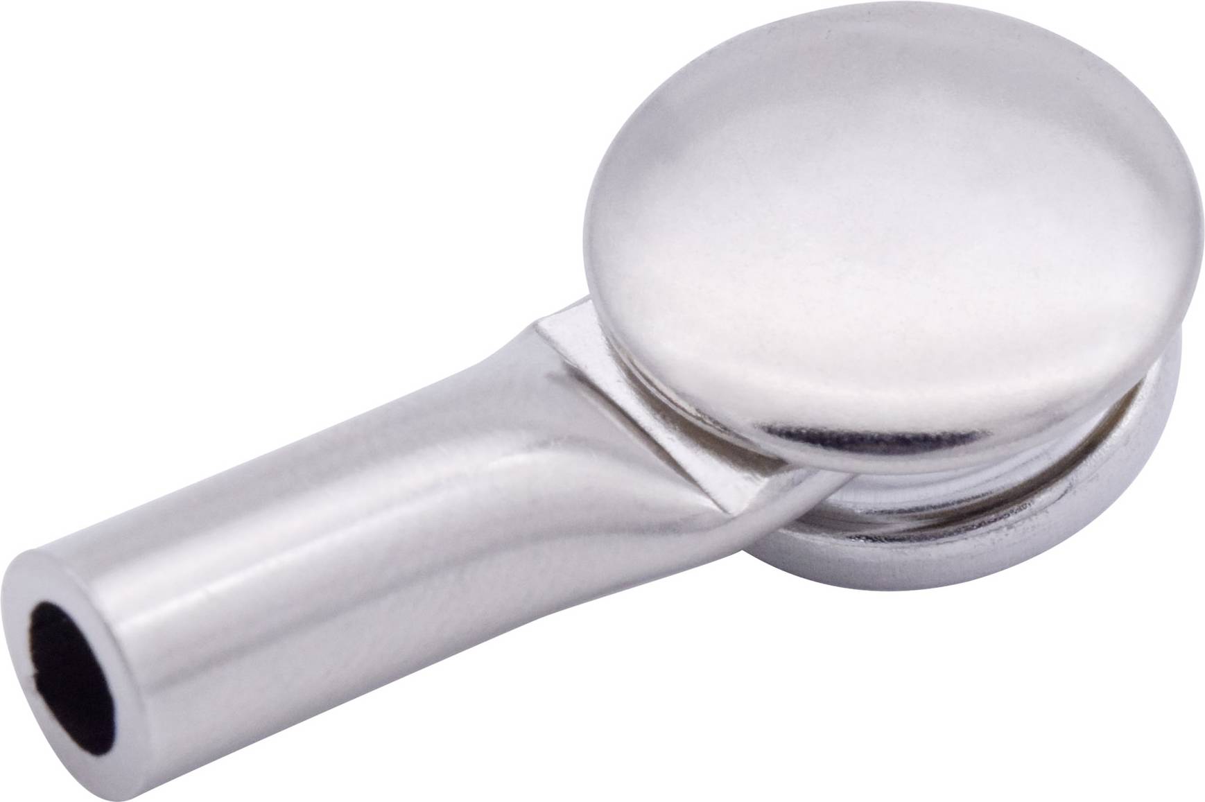 A metallic coffee tamper with a round handle and flat base for preparing espresso.