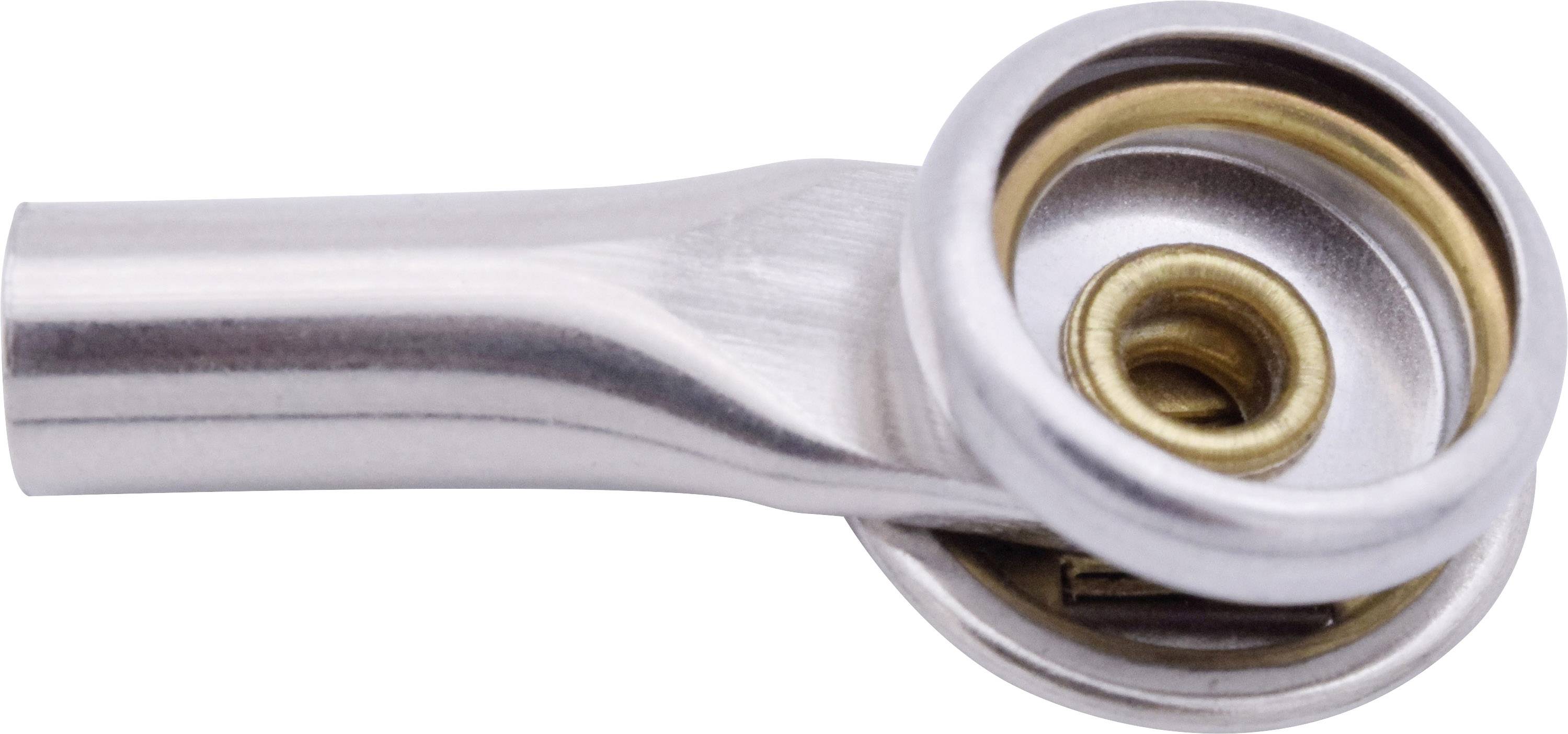 A silver metal component with a curved pipe and a round, open bearing.