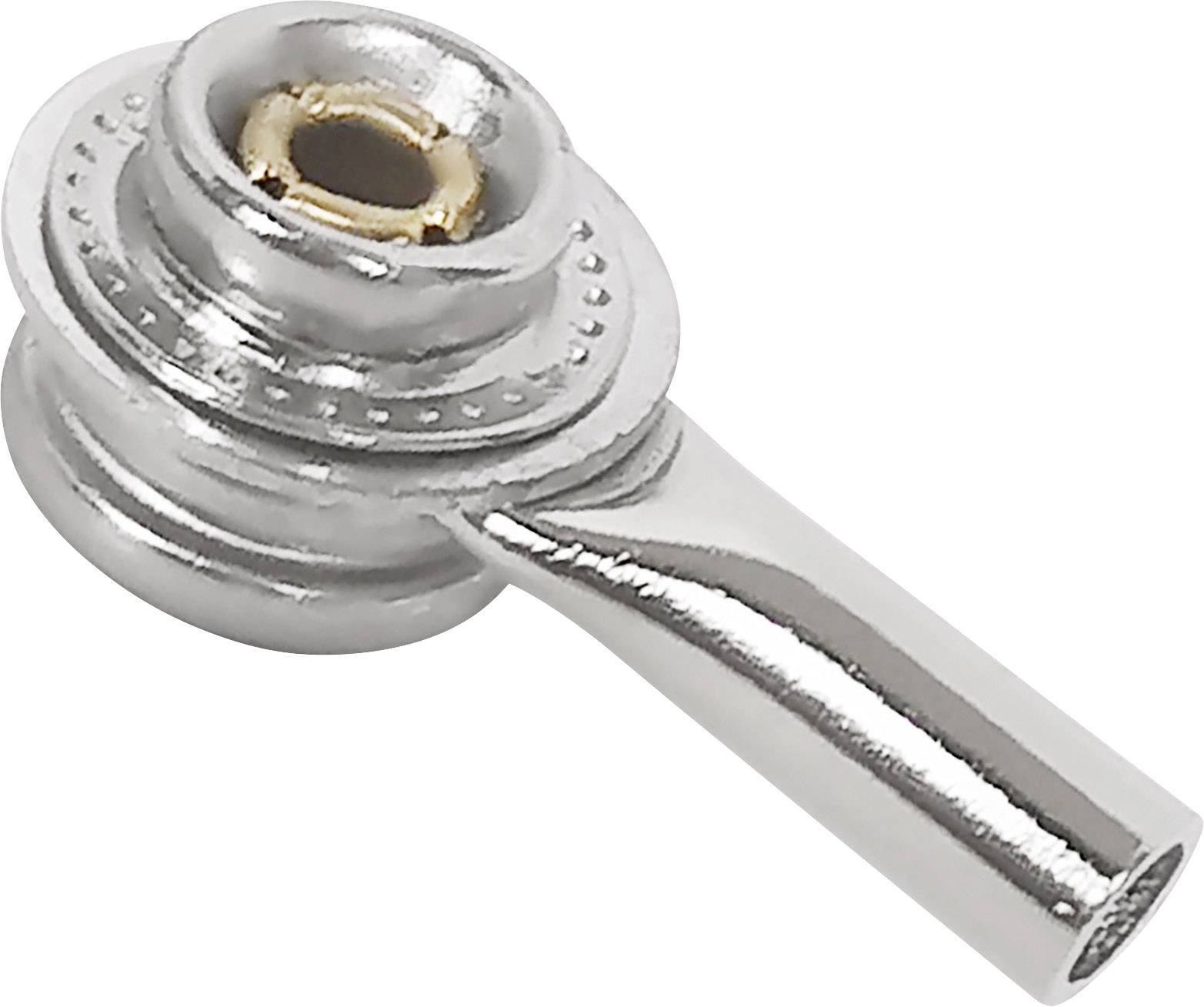 Silver metal component, cylindrical with angled handle.