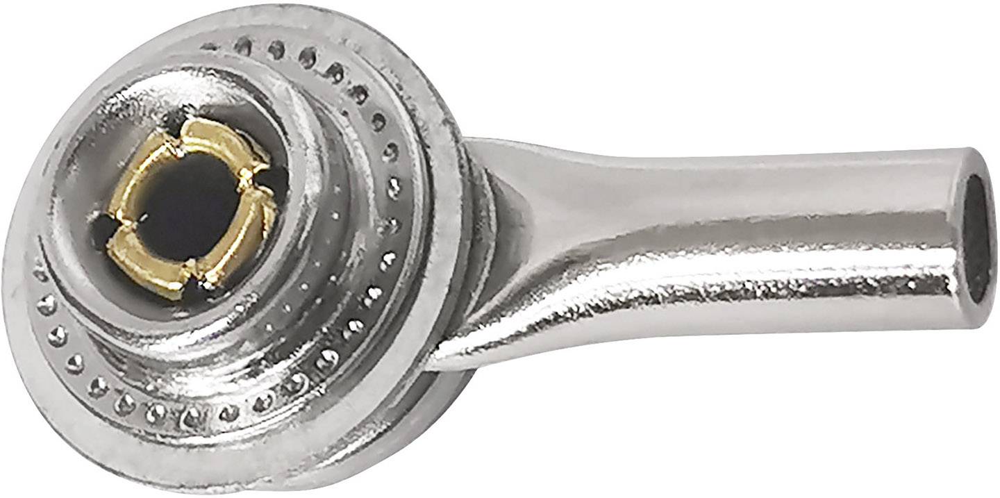 Metallic joint piece with a cylindrical connection on the right side and a round, perforated end on the left.