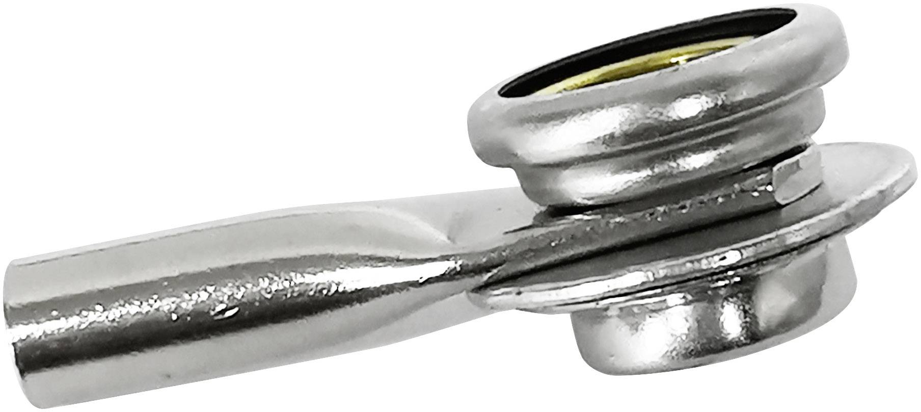 Metallic hose connector with an angled end, displaying a robust and gleaming surface, suitable for industrial applications.
