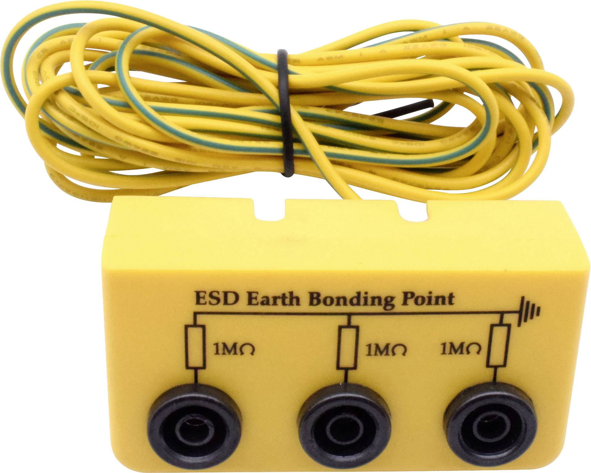 Yellow ESD earthing point device with three terminals, each with a 1MΩ resistance; connected with a yellow-green cable.