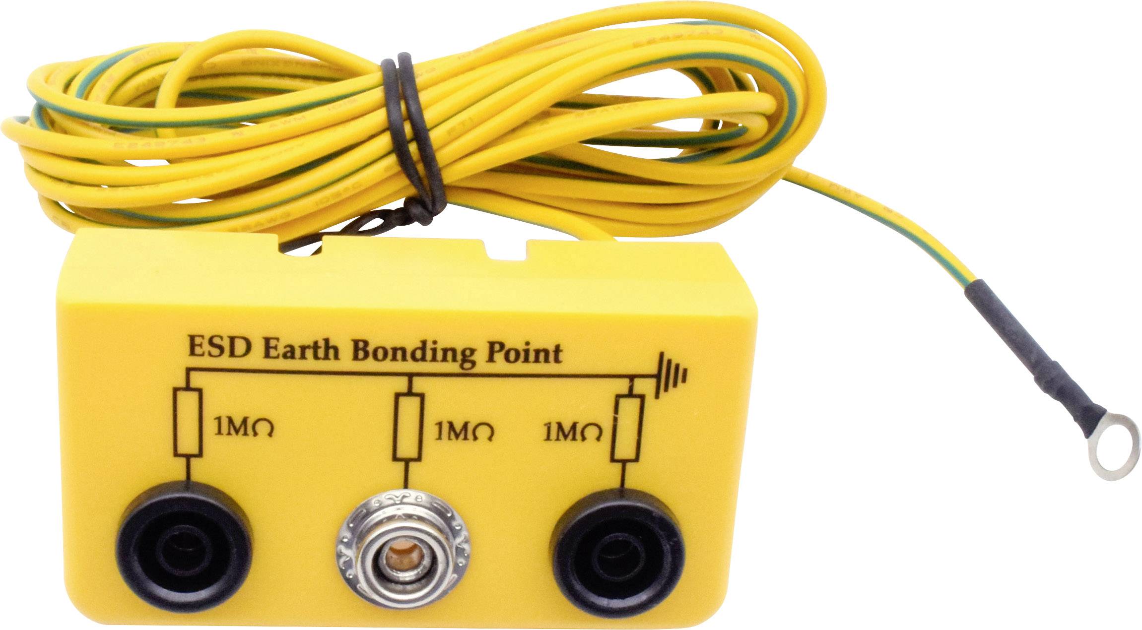 Yellow ESD earthing point module with three connections, two for 1 MΩ resistors and a central earthing terminal.
