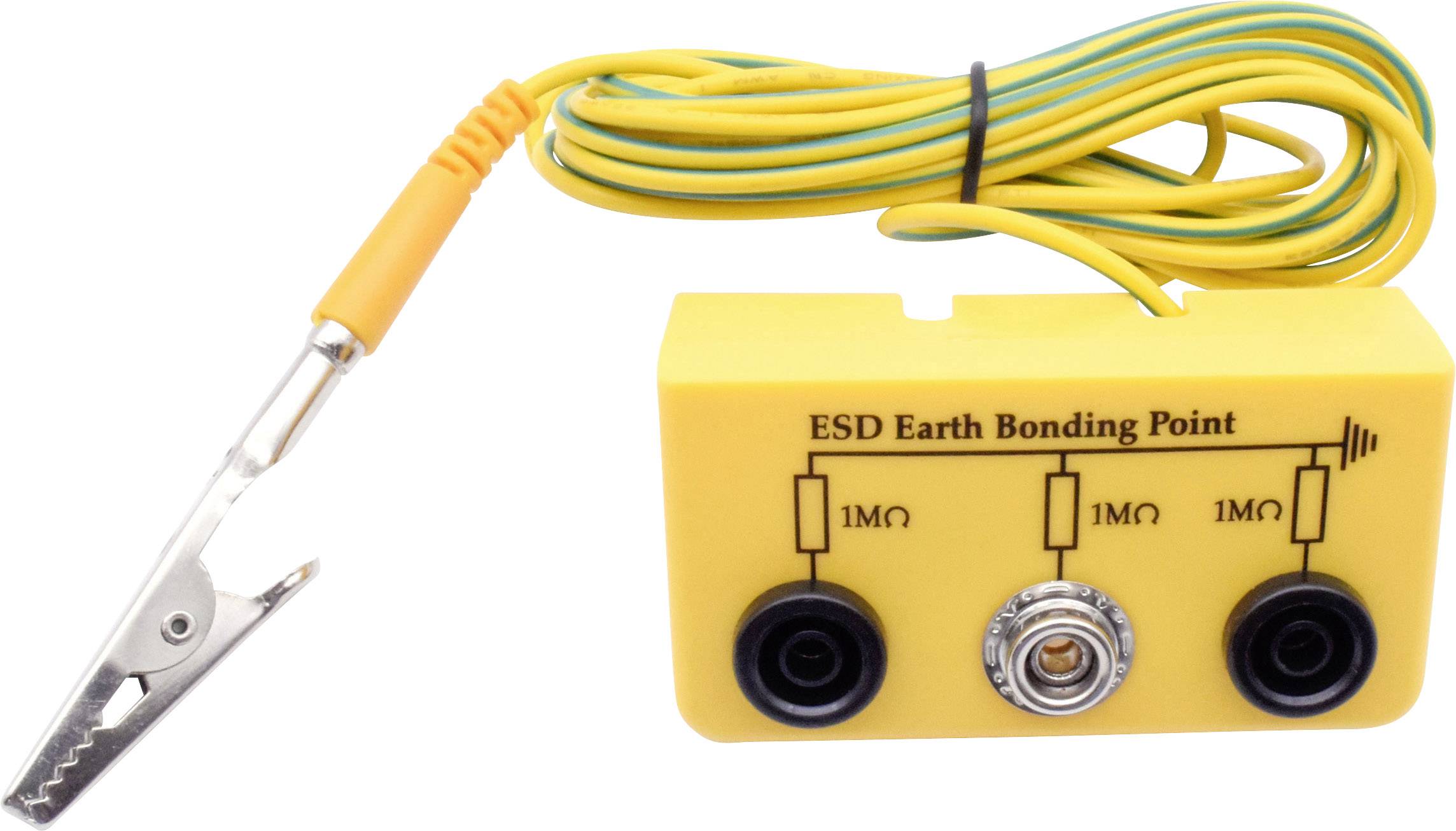 Yellow ESD earth bonding point device with three sockets and a metal clip on the cable. Label reads: 'ESD Earth Bonding Point'.