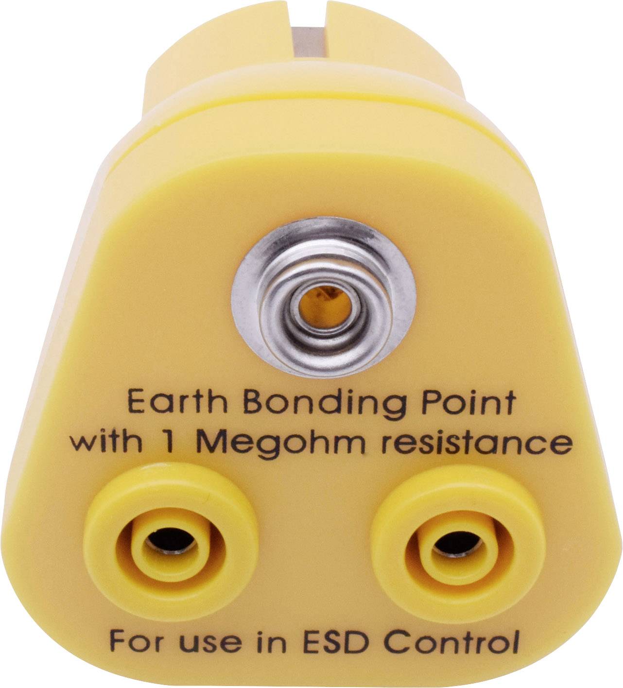 Yellow earthing cable with inscription 'Earth Bonding Point with 1 Megohm resistance'. Two socket outlets and metal element visible.