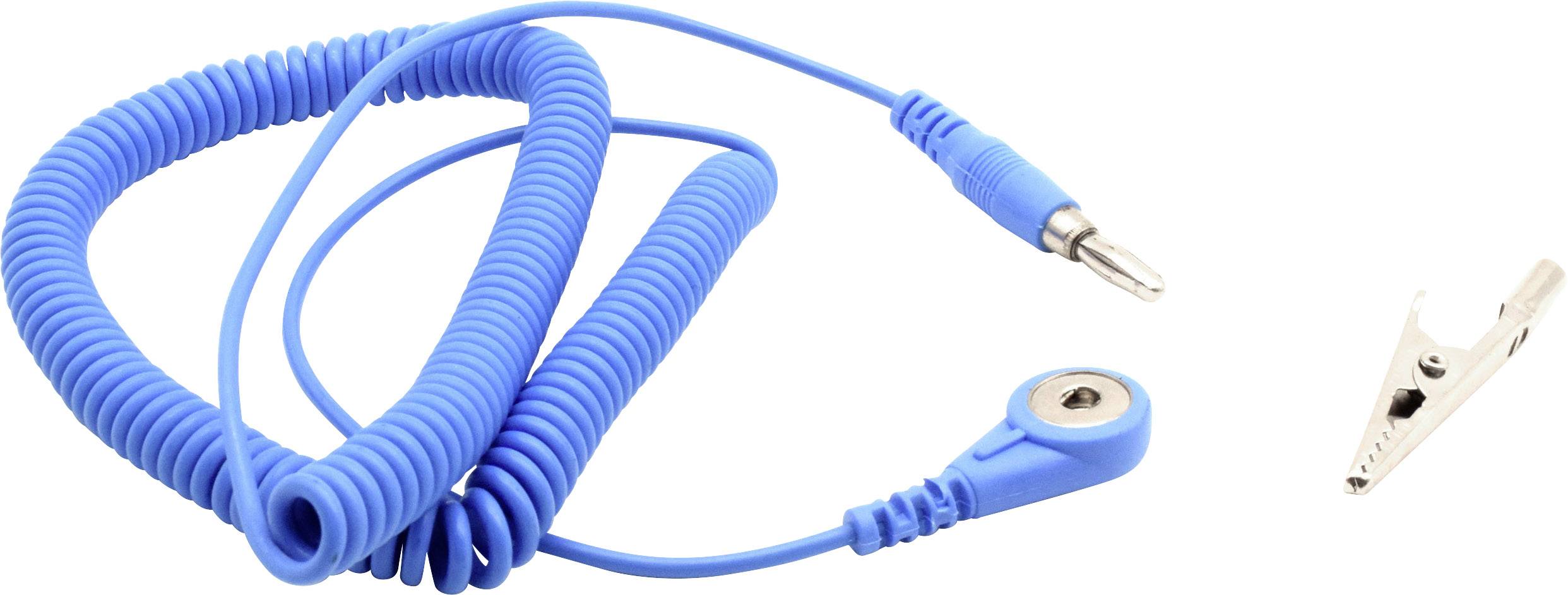 Blue spiral earthing cable with metal clip, used for secure earthing connections in electrostatic environments.