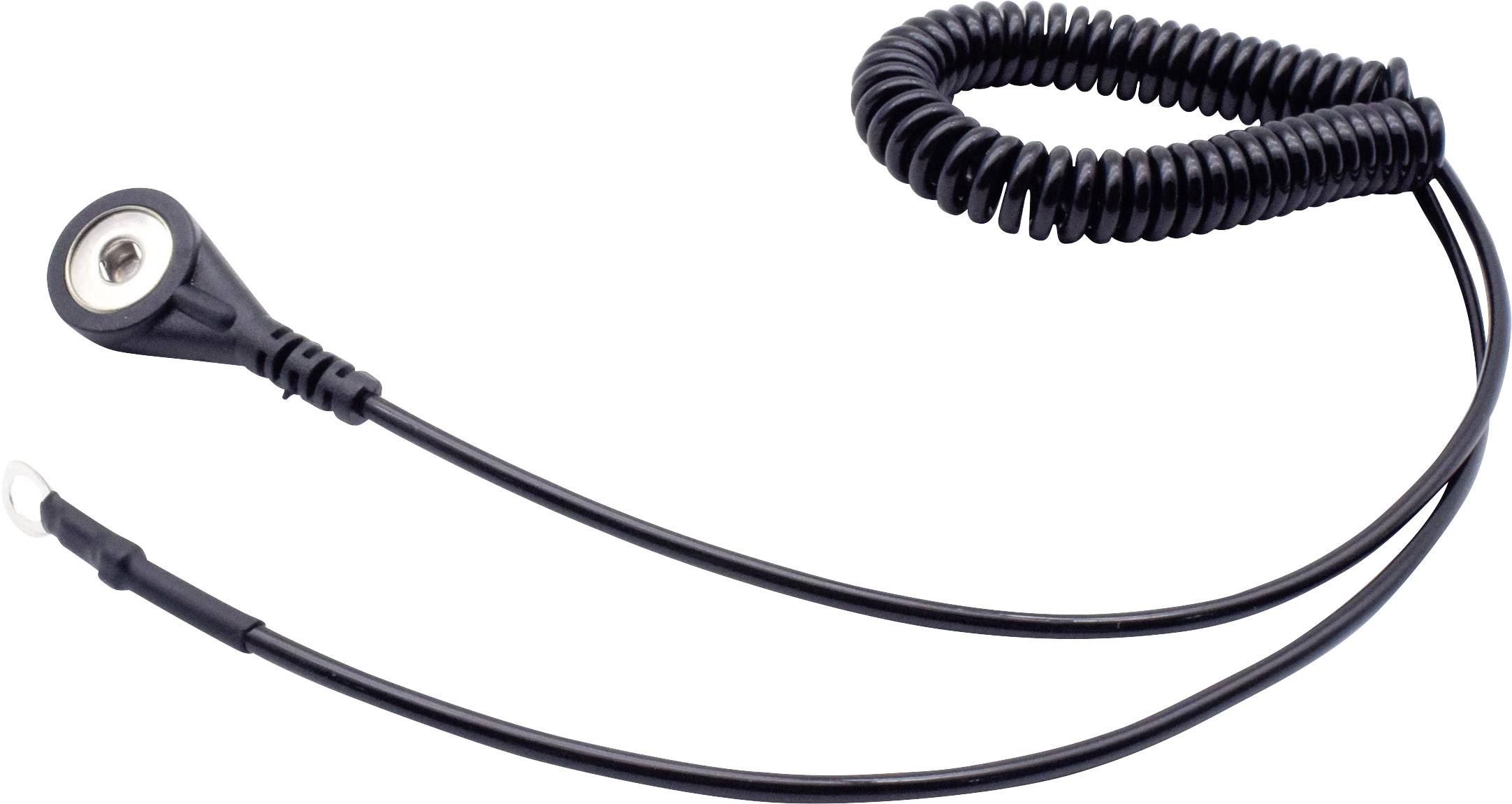 A black, spiral-shaped cable with a connector at one end and a ring cable lug at the other end. Suitable for electronic connections.