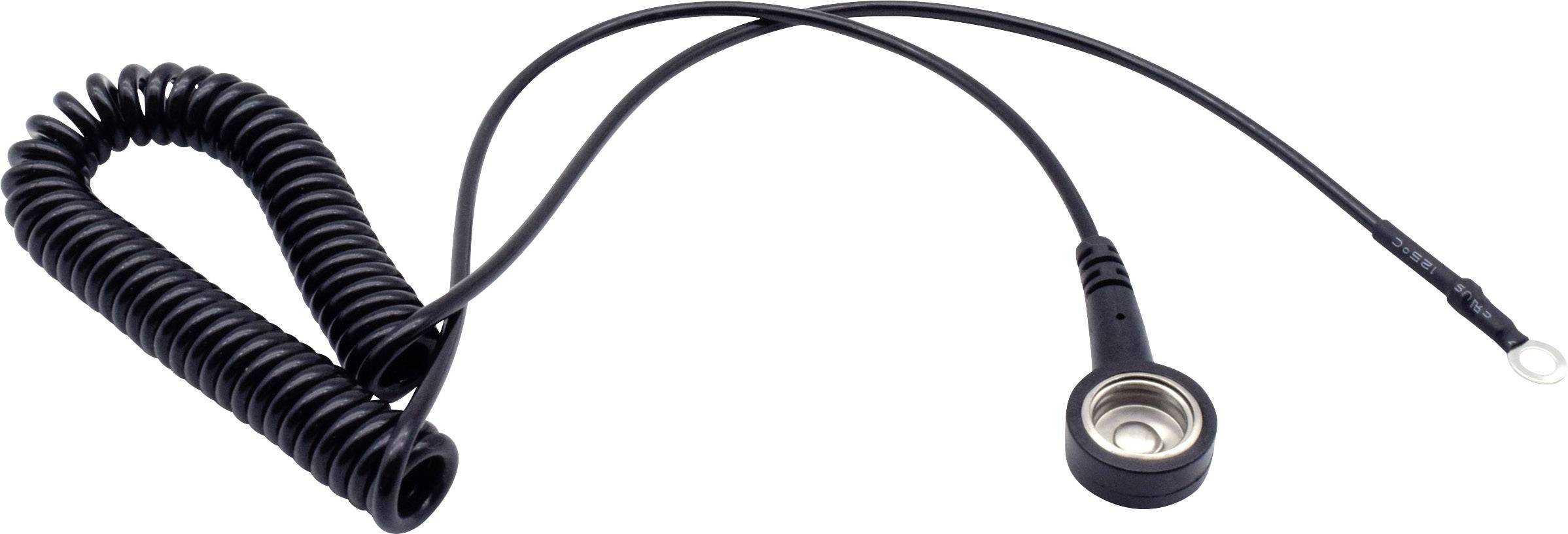 A spiral-shaped, black cable with a circular sensor at the end, used for measurement in electronic devices.