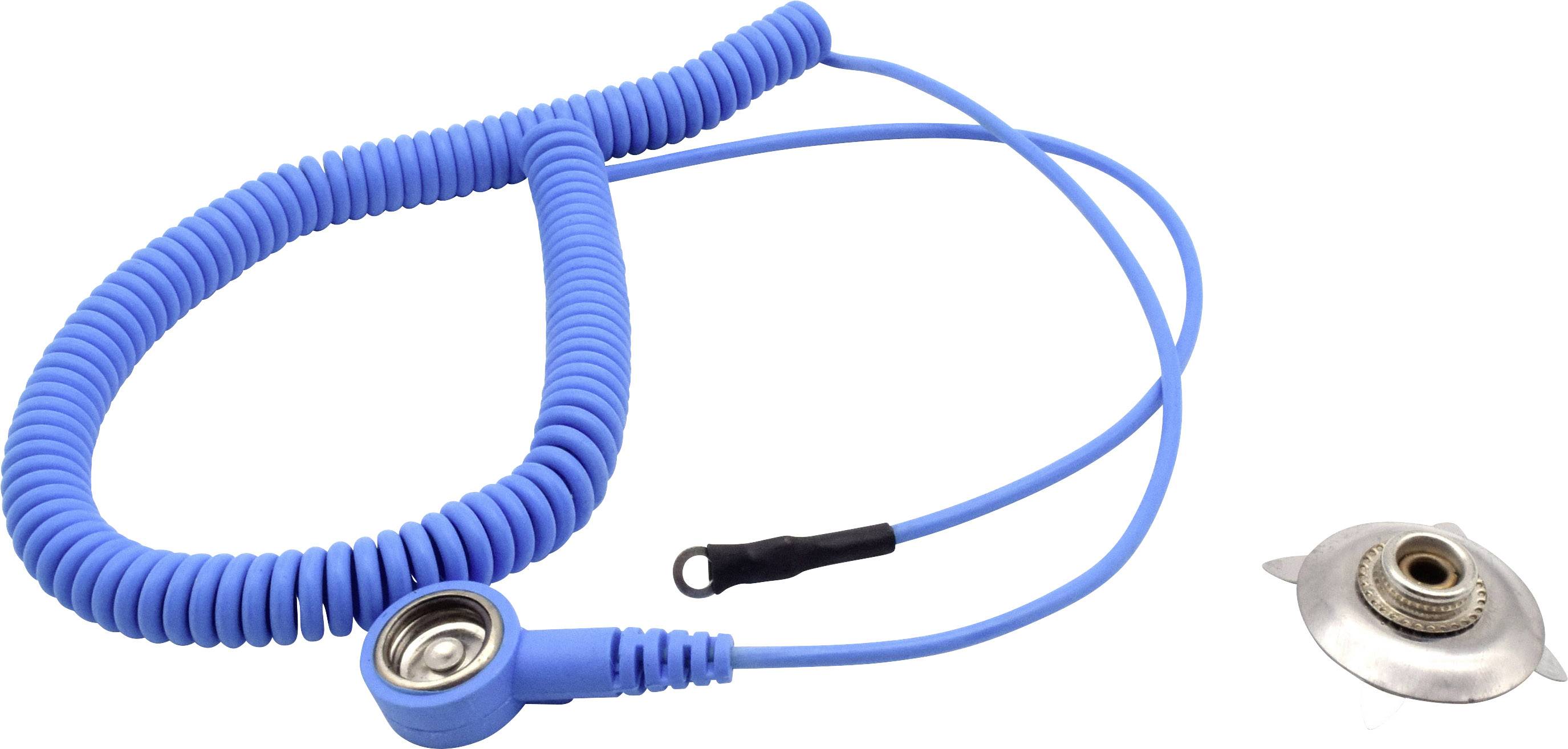 Blue spiral cable with metal contacts at both ends, presumably for antistatic earthing, on a white background.