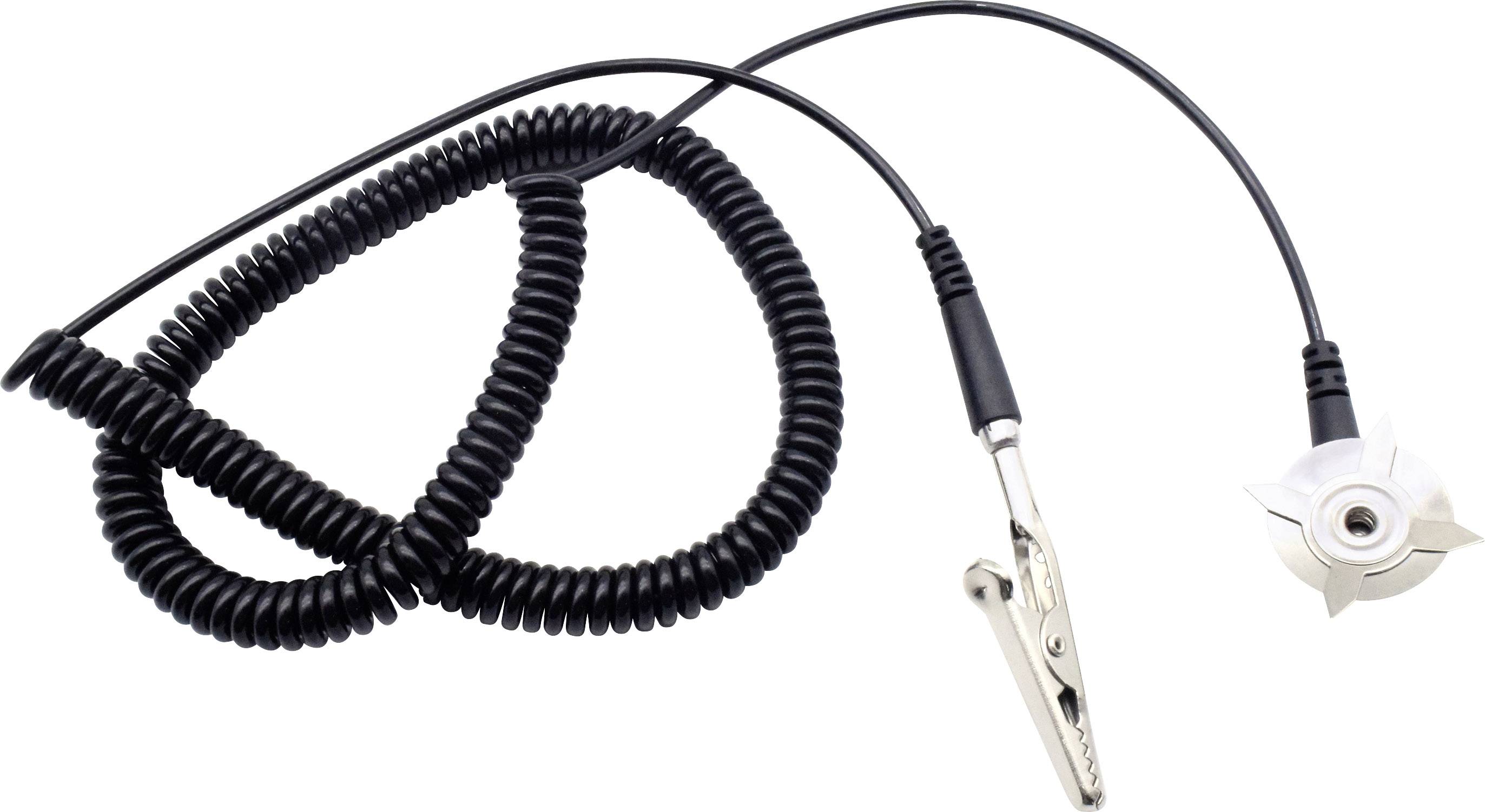A spiral black cable, fitted with a metal clip and an adapter on the other end, commonly used for electrical connections.