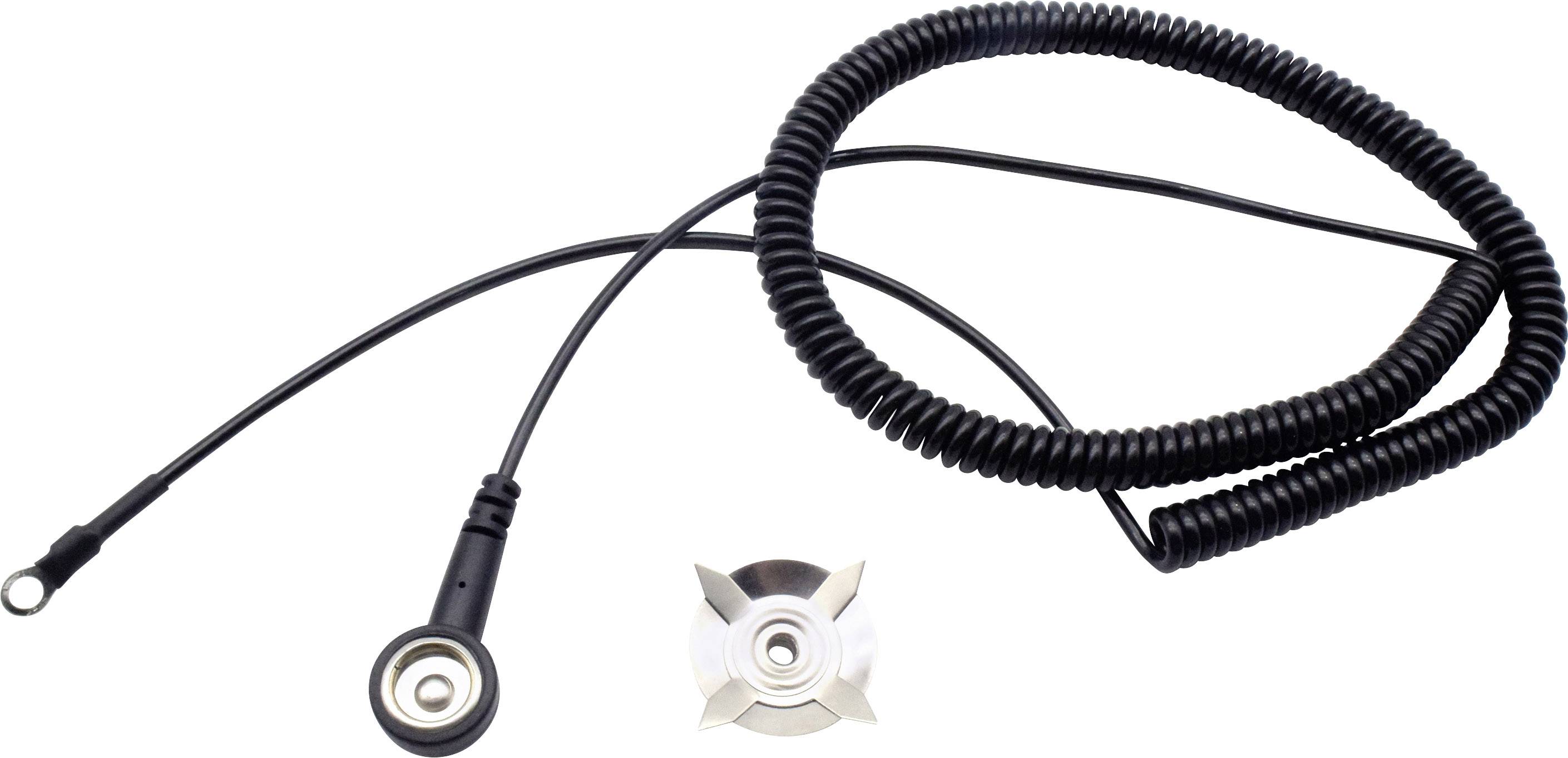 A black cable with a spiral spring, terminating in two connectors. Beside the cable lies a small, metallic component.