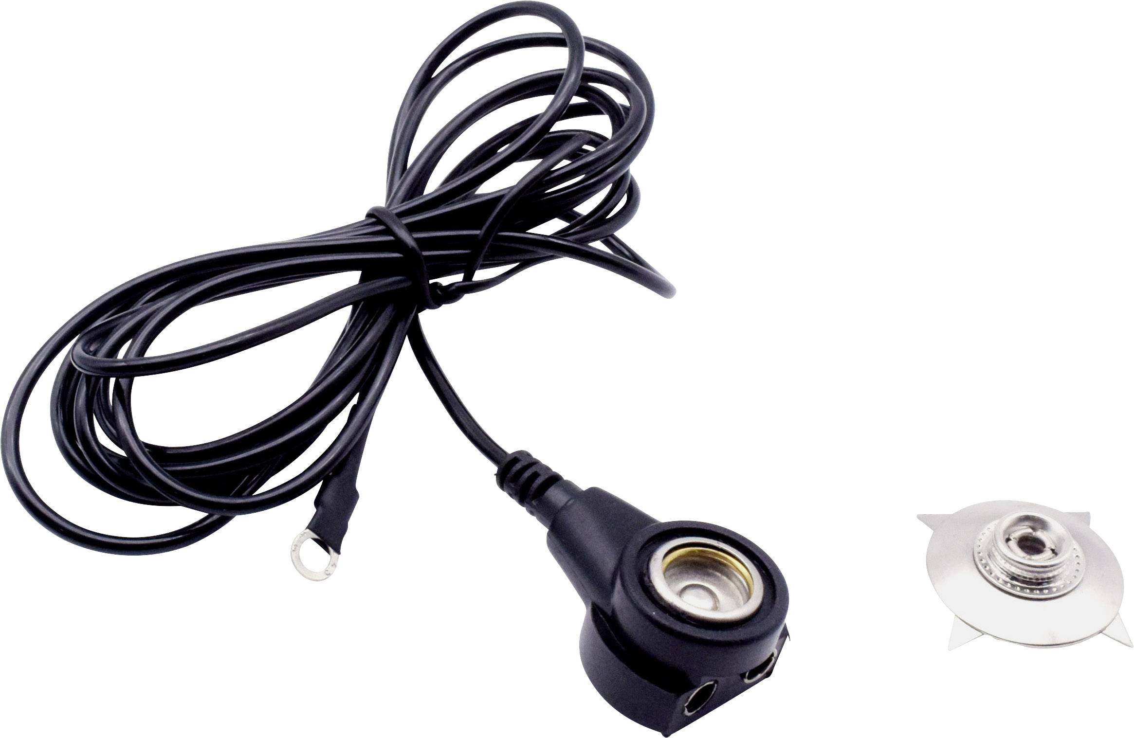 A black cable with a circular connector and a loose metal contact. Suitable for electrical connections.