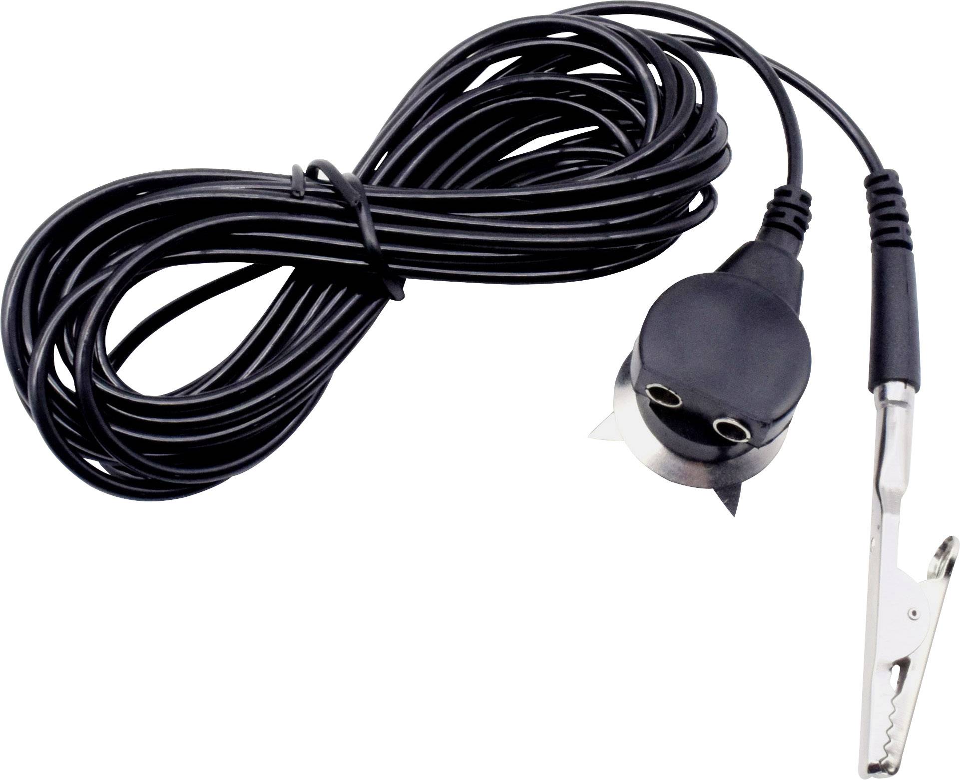 Black cable with crocodile clip and two sockets, probably an electronic accessory for connecting devices.