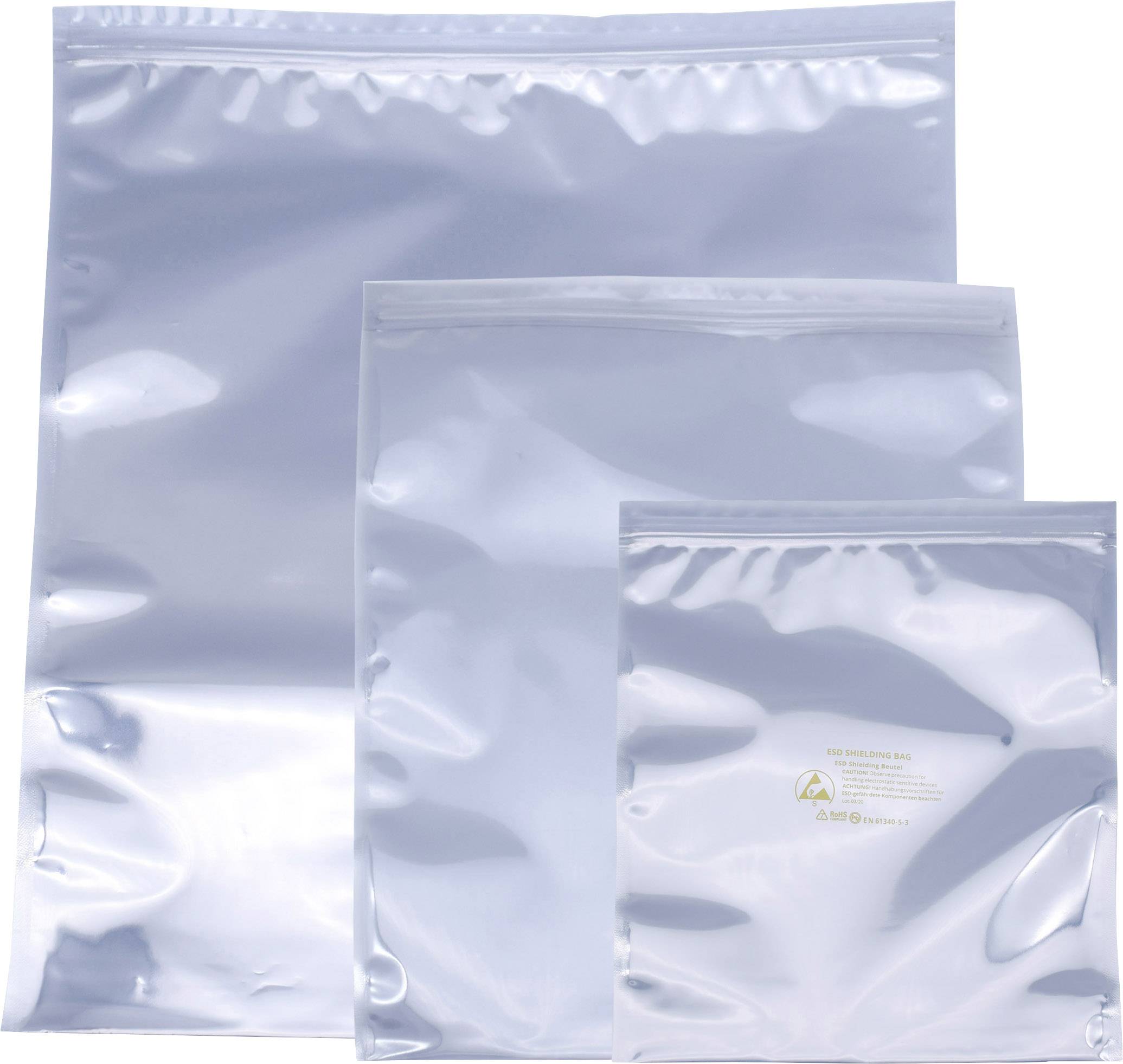 Three silver, light-reflecting anti-static bags in various sizes; used to protect electronic components from static discharge.