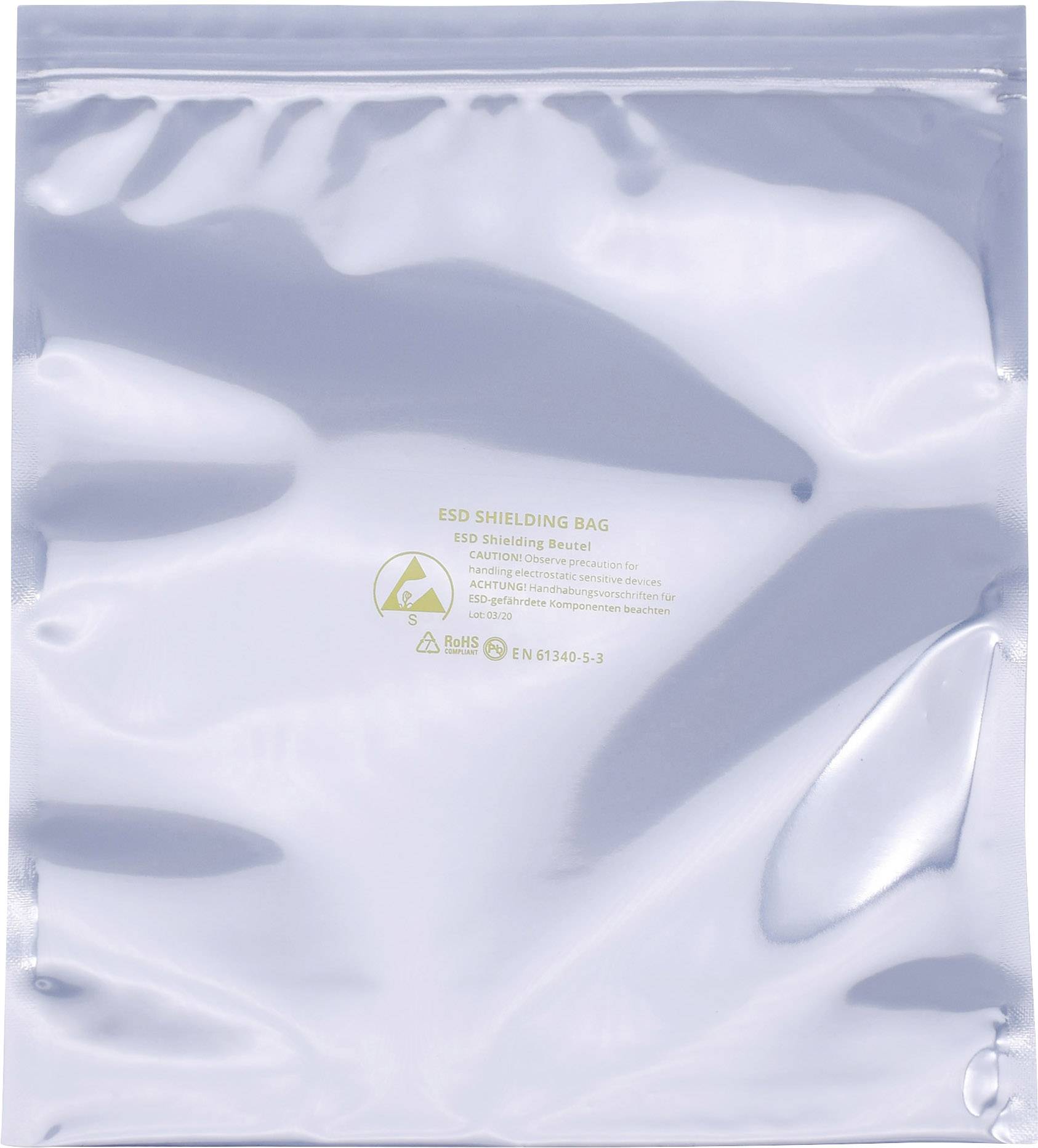 ESD shielding bag, metallically shiny, with symbols and text: 'ESD SHIELDING BAG', protects electronic components from static charge.
