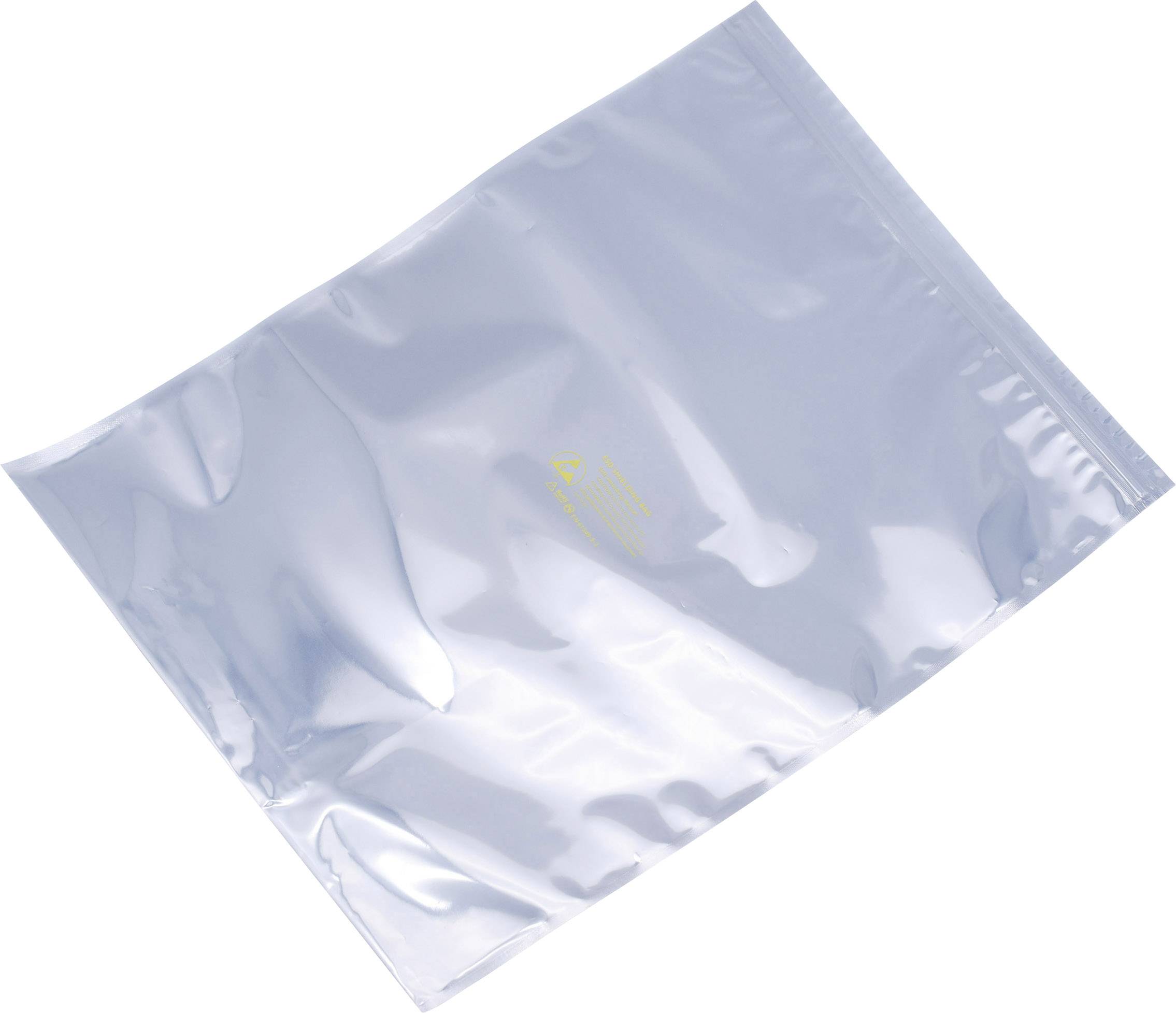 Transparent anti-static bag, rectangular, with a safety warning symbol in the centre.