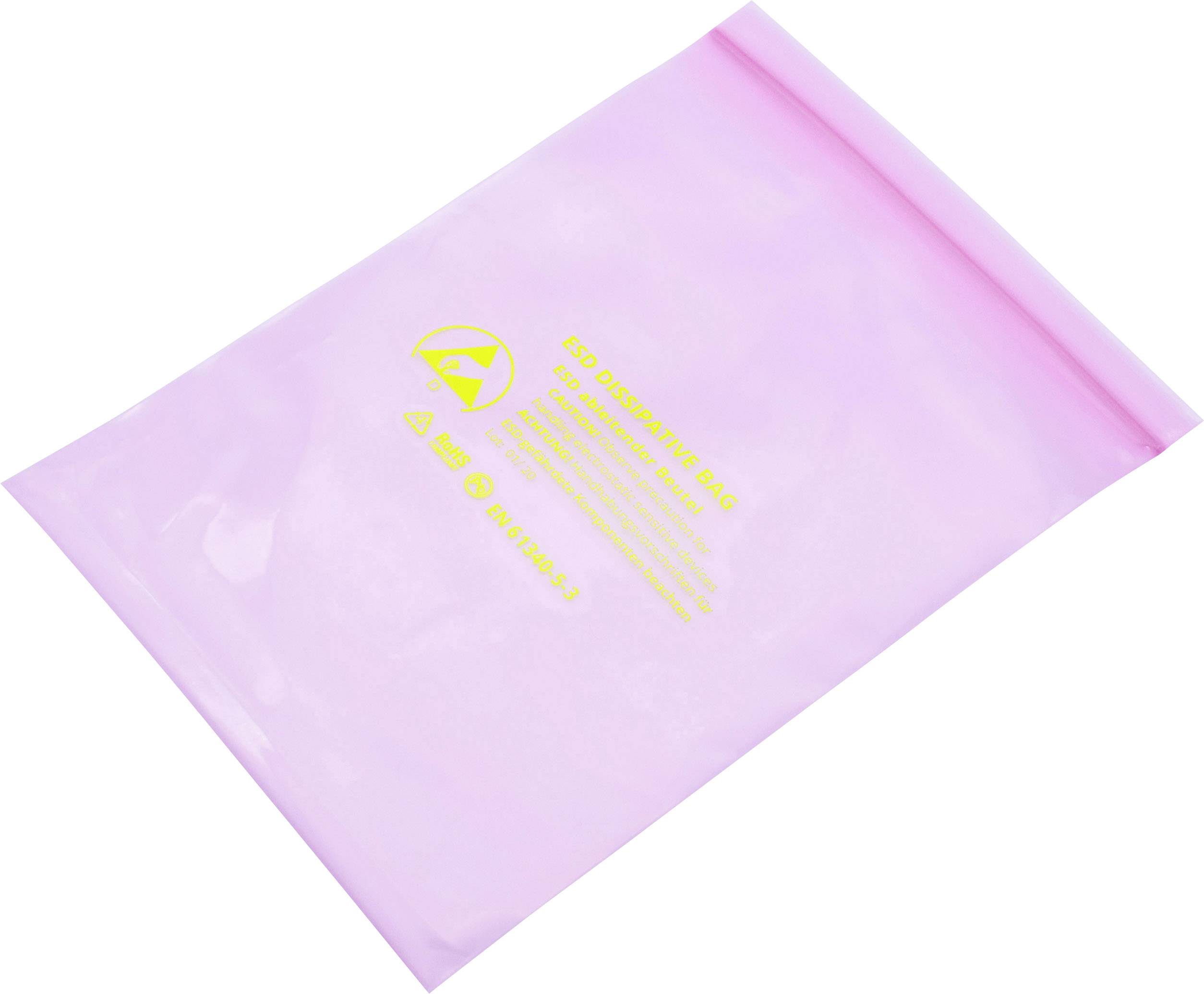 Pink anti-static bags for ESD protection of electronic components. Printed with warning symbol and 'ESD CAUTION' text.