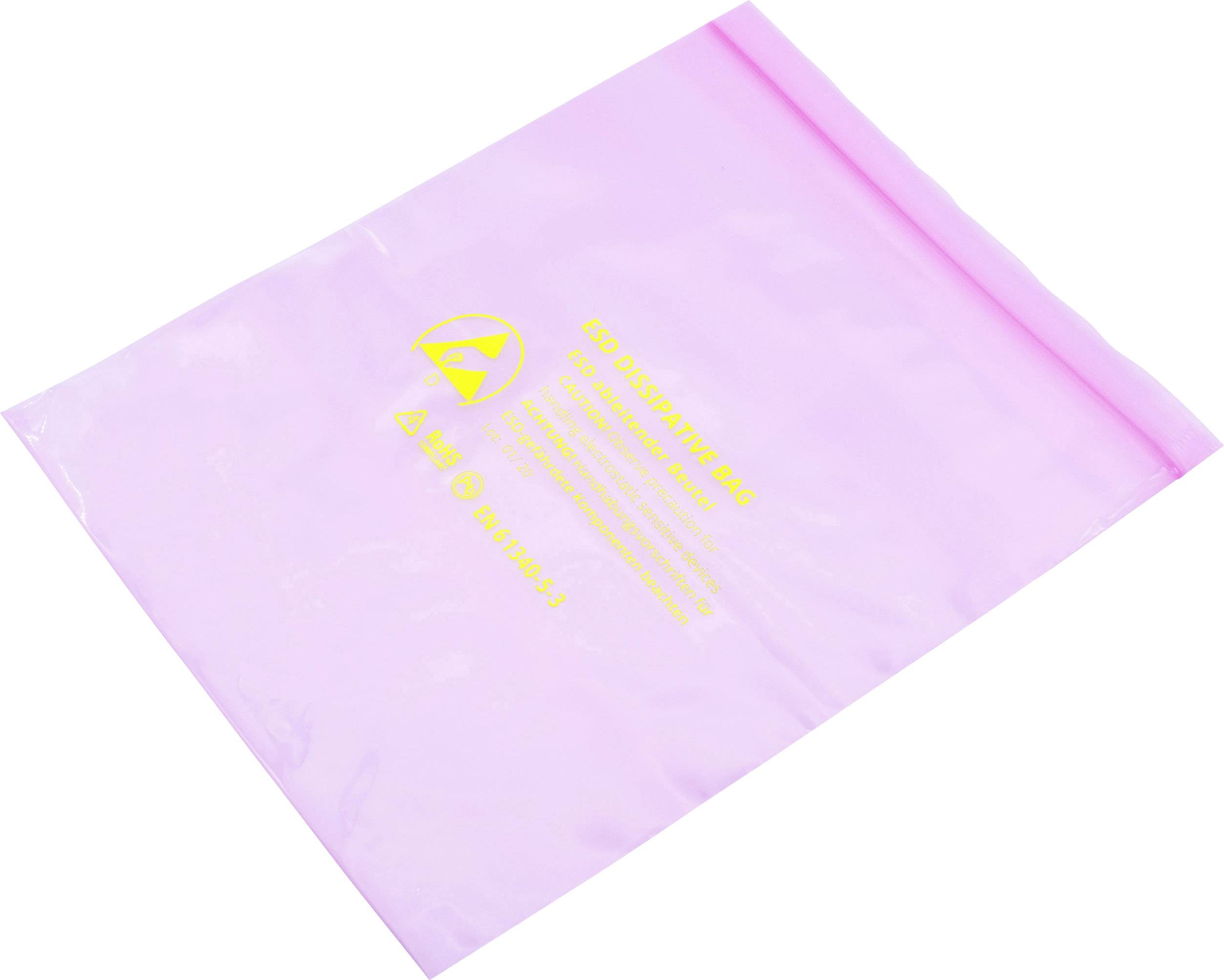 Anti-static pink bag with yellow text and symbols, typically used to protect electronic components from electrostatic discharge.