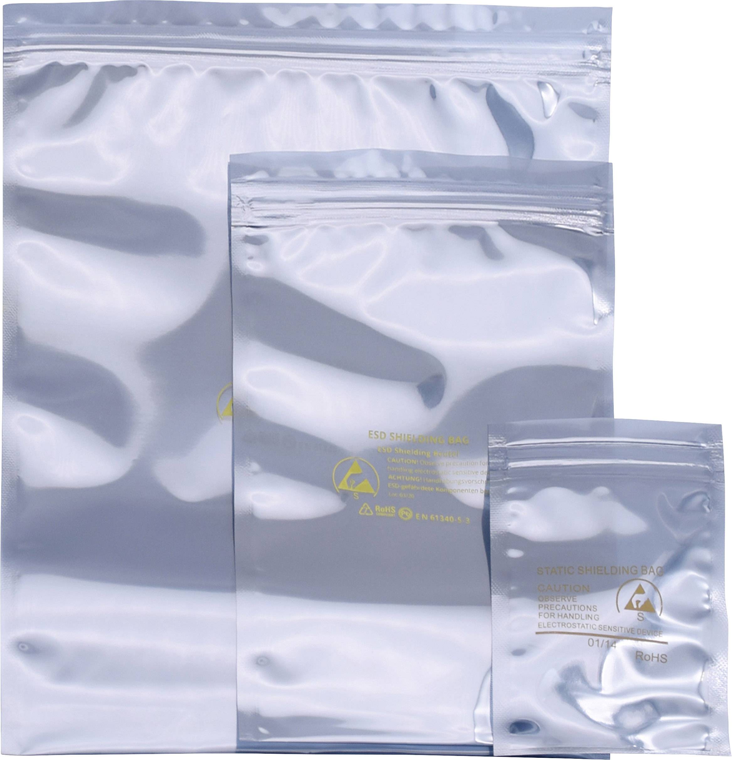 Three anti-static shielding bags in various sizes, with a reflective surface and yellow symbols indicating ESD protection.
