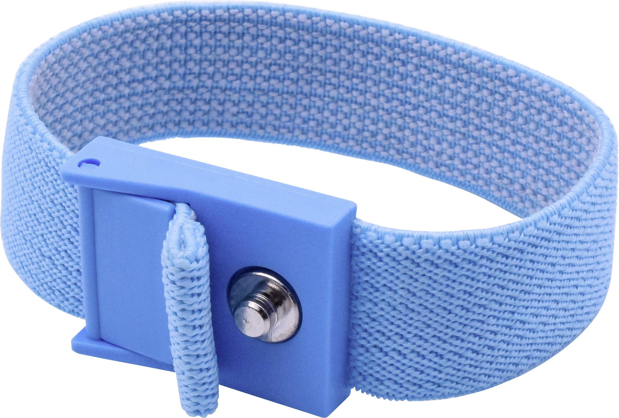 A blue wristband with an adjustable fastening and metal screw, suitable for anti-static purposes in electronic environments.