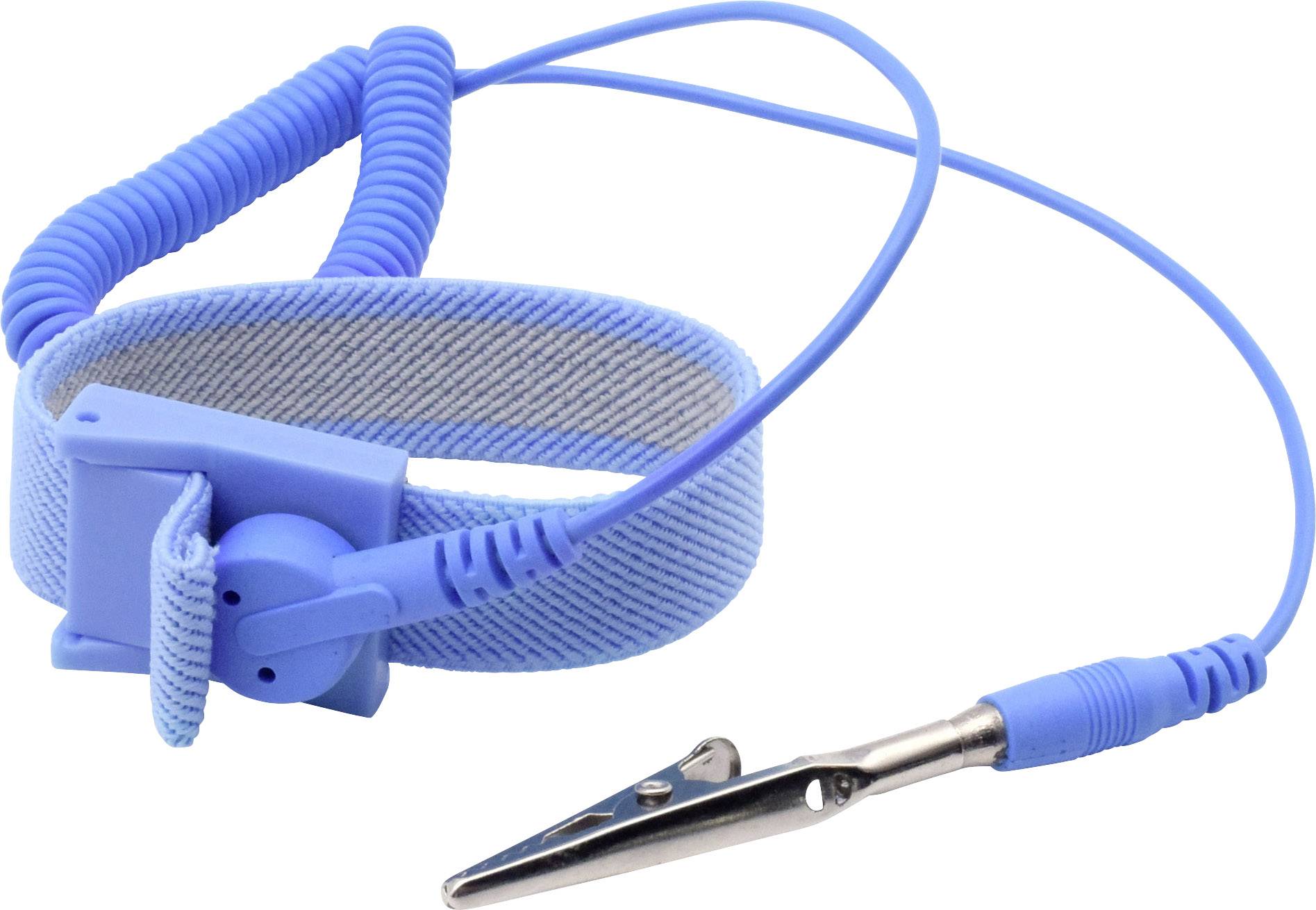 A blue anti-static wrist strap with coiled cable and crocodile clip, used to protect electronic devices from static discharge.