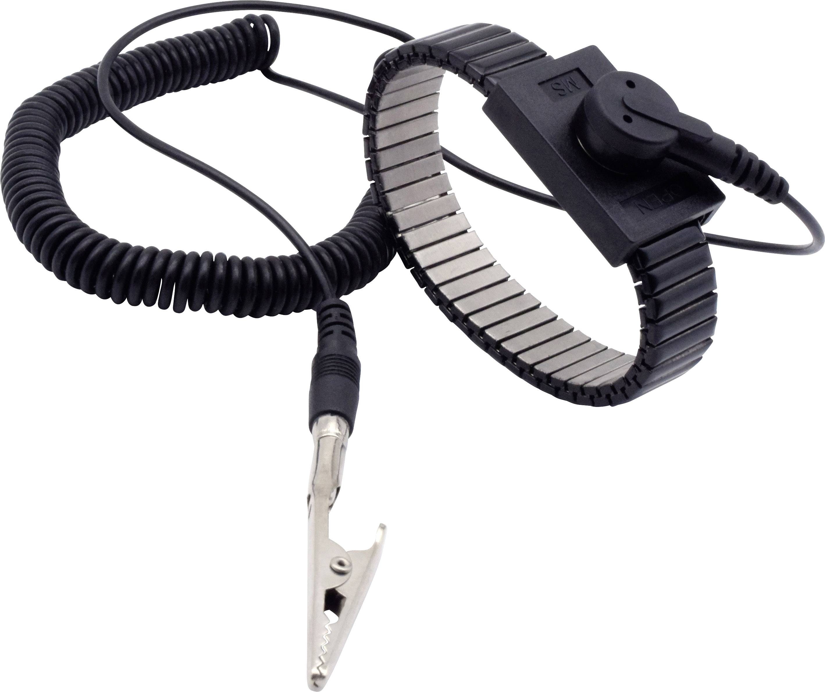 An anti-static wrist strap with a coiled cable and crocodile clip for earthing, commonly used when working with sensitive electronic equipment.