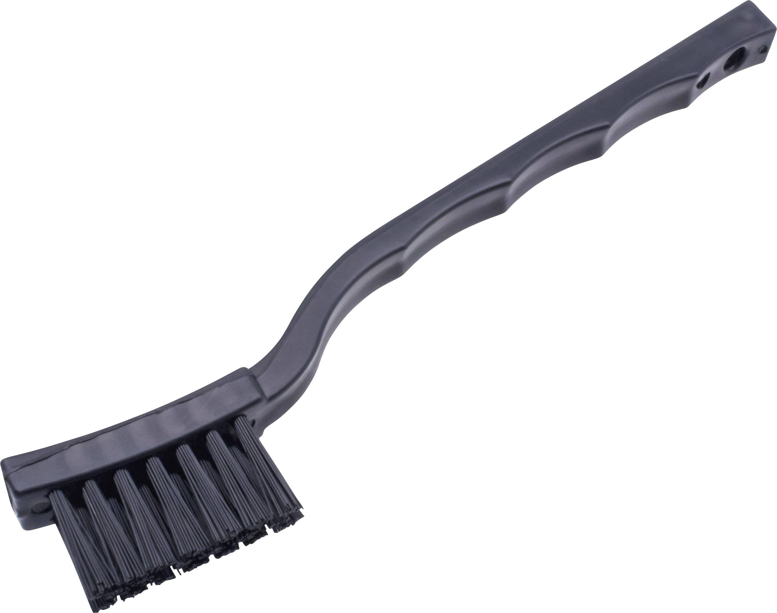 A black cleaning brush with a curved handle and dense bristles, suitable for precise cleaning tasks.