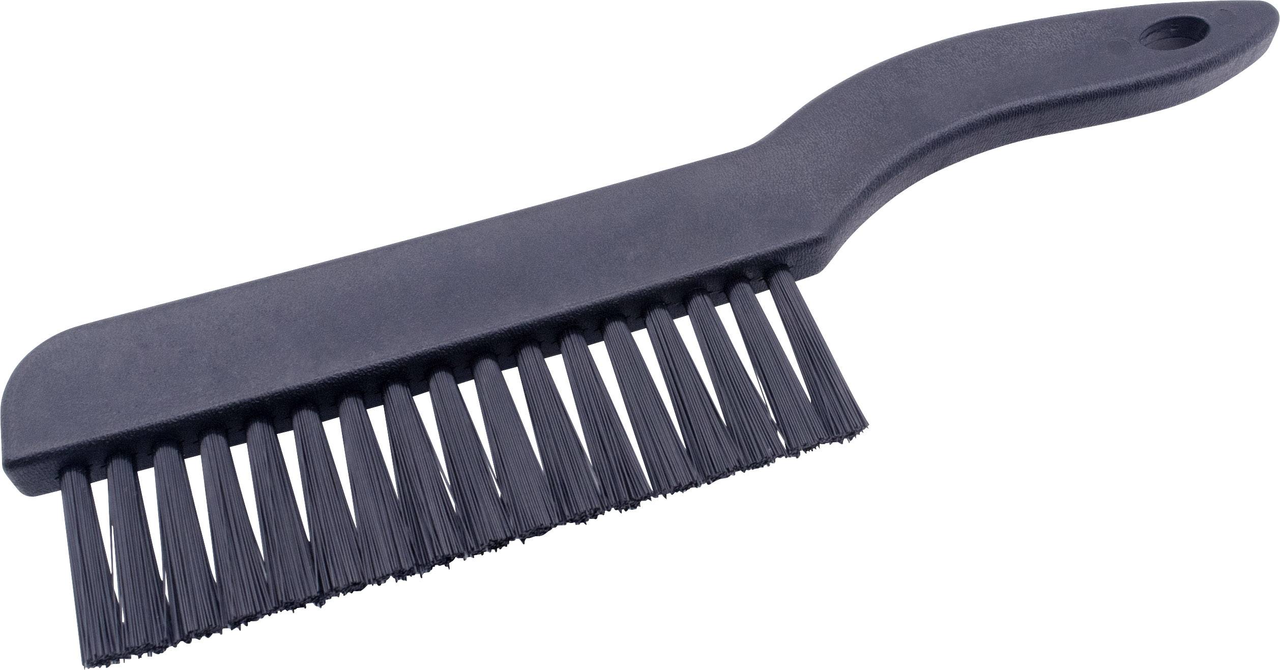 A black plastic brush with long, dense bristles. It has an ergonomic handle and is used for cleaning surfaces.