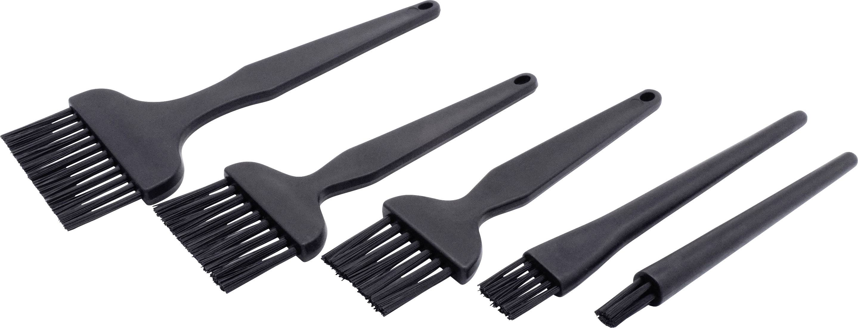 Five black silicone barbecue brushes in various sizes, arranged on a white background. Suitable for marinating or oiling.