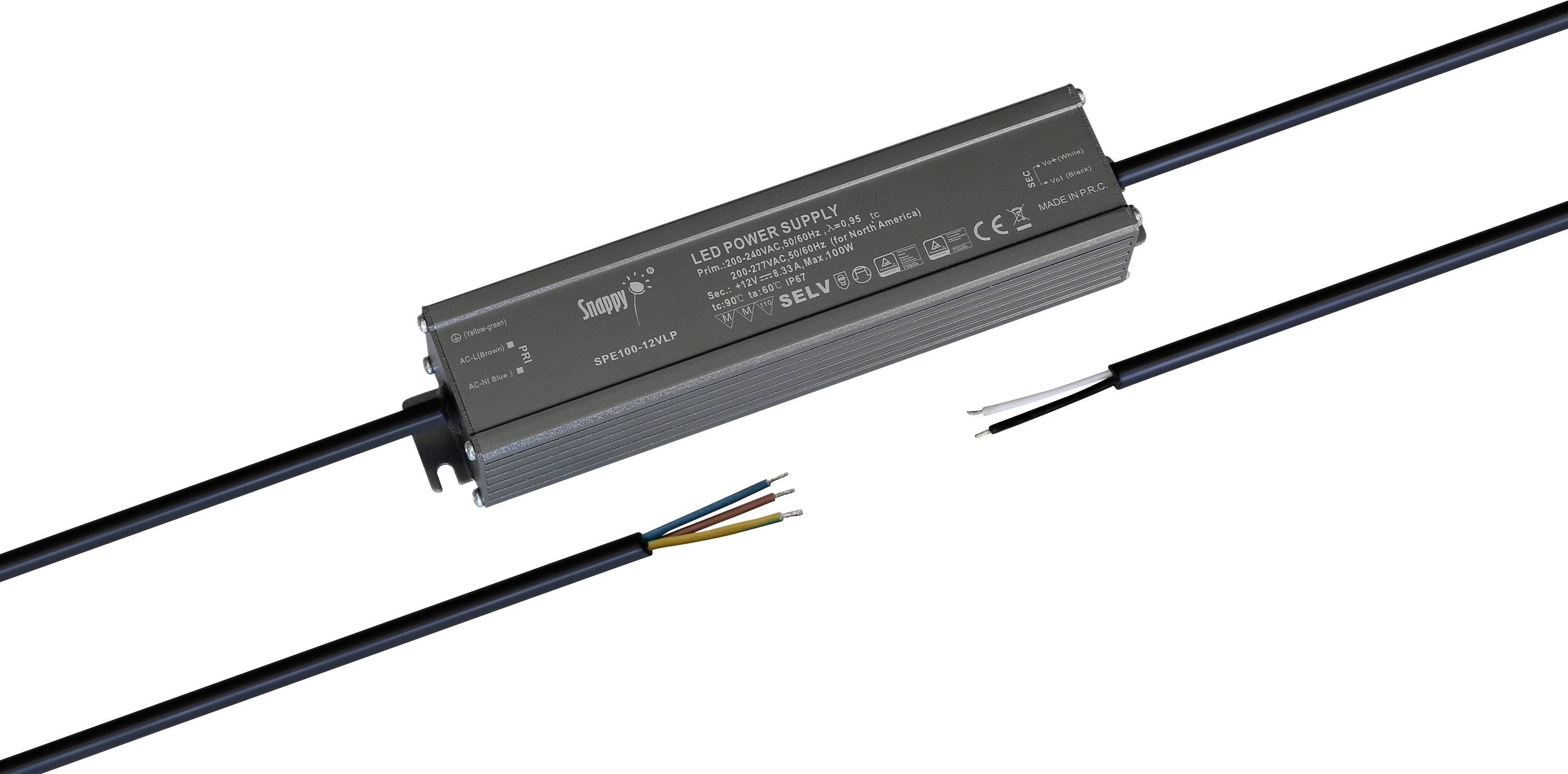 Grey LED power supply in a rectangular shape with cables at both ends. Printing shows technical information and certifications.