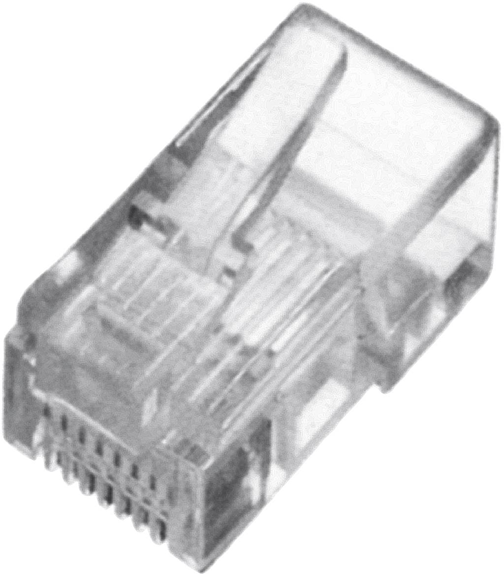 A transparent RJ-45 plug, commonly used for Ethernet connections in network cables.
