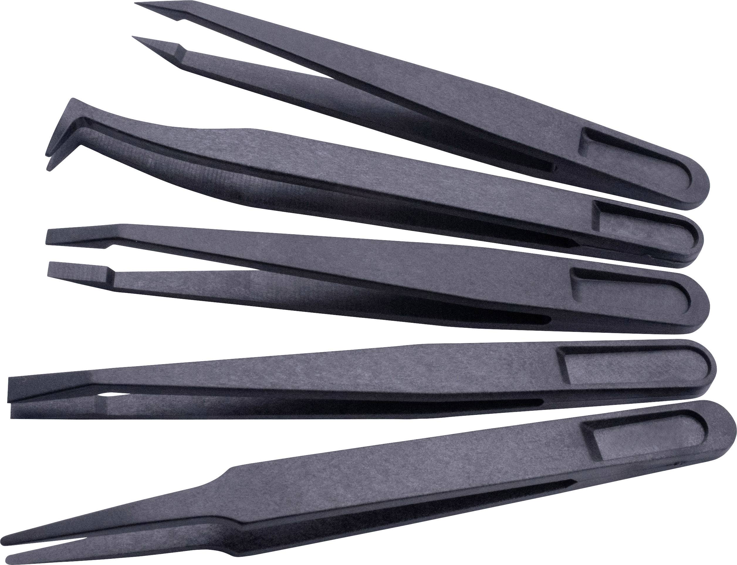 Five black tweezers in various shapes are lying side by side.