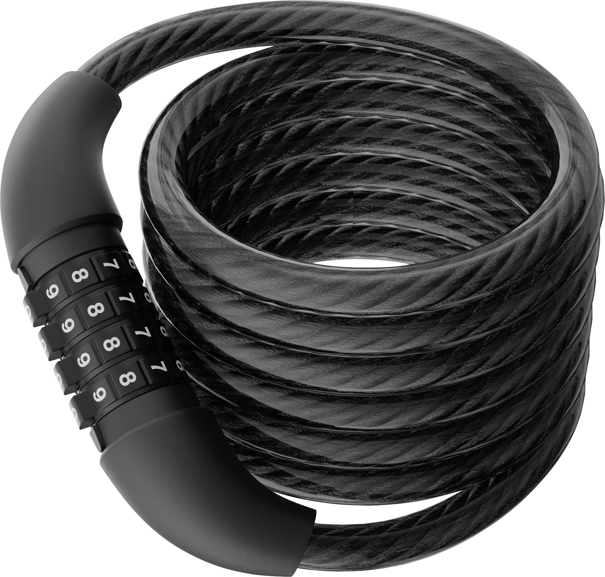 Black numerical bicycle lock with five-digit combination, coiled in a spiral.