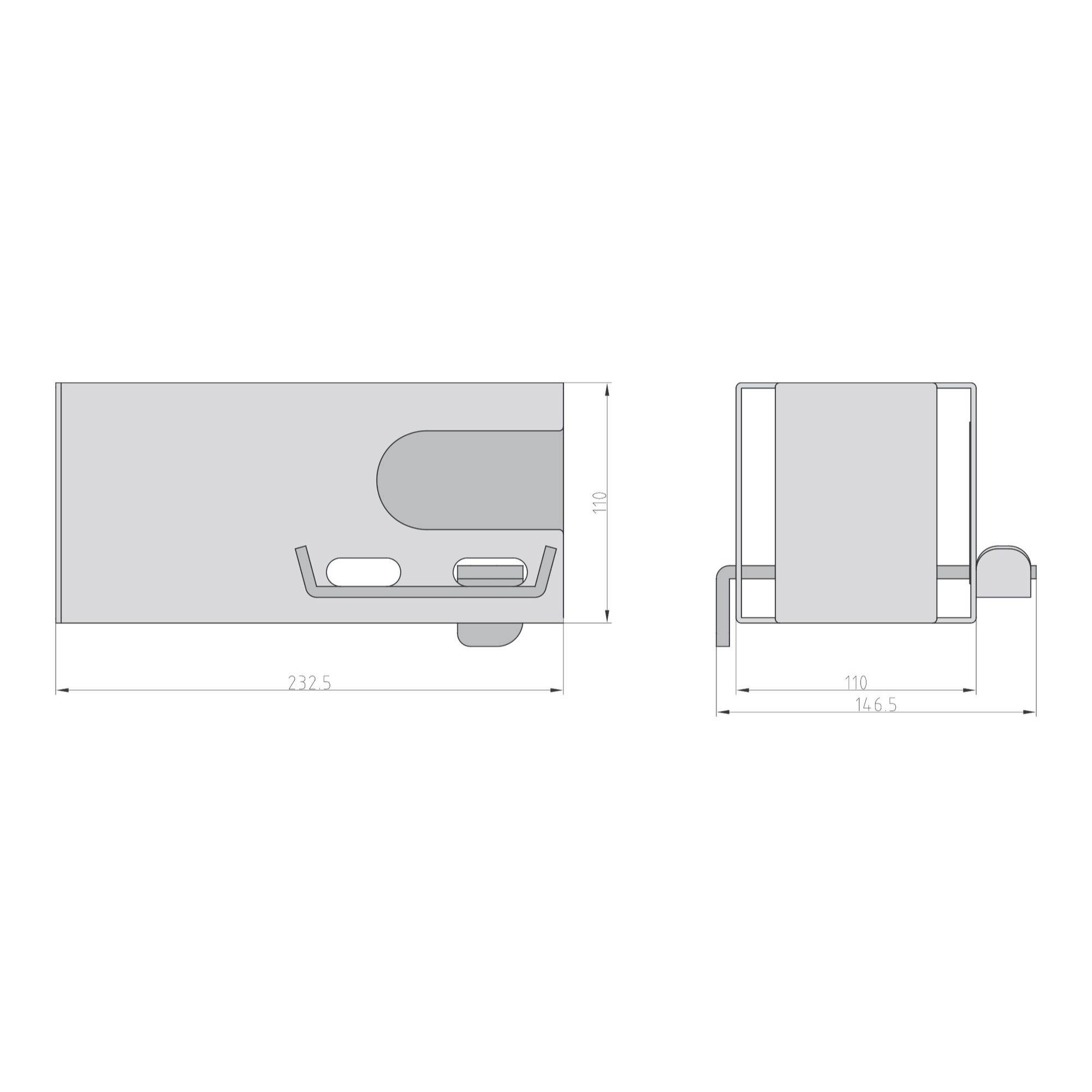 Side and front views of a gray electronic device with dimensions: 232.5mm wide, 110mm tall, 116.5mm deep. Design is minimalistic.