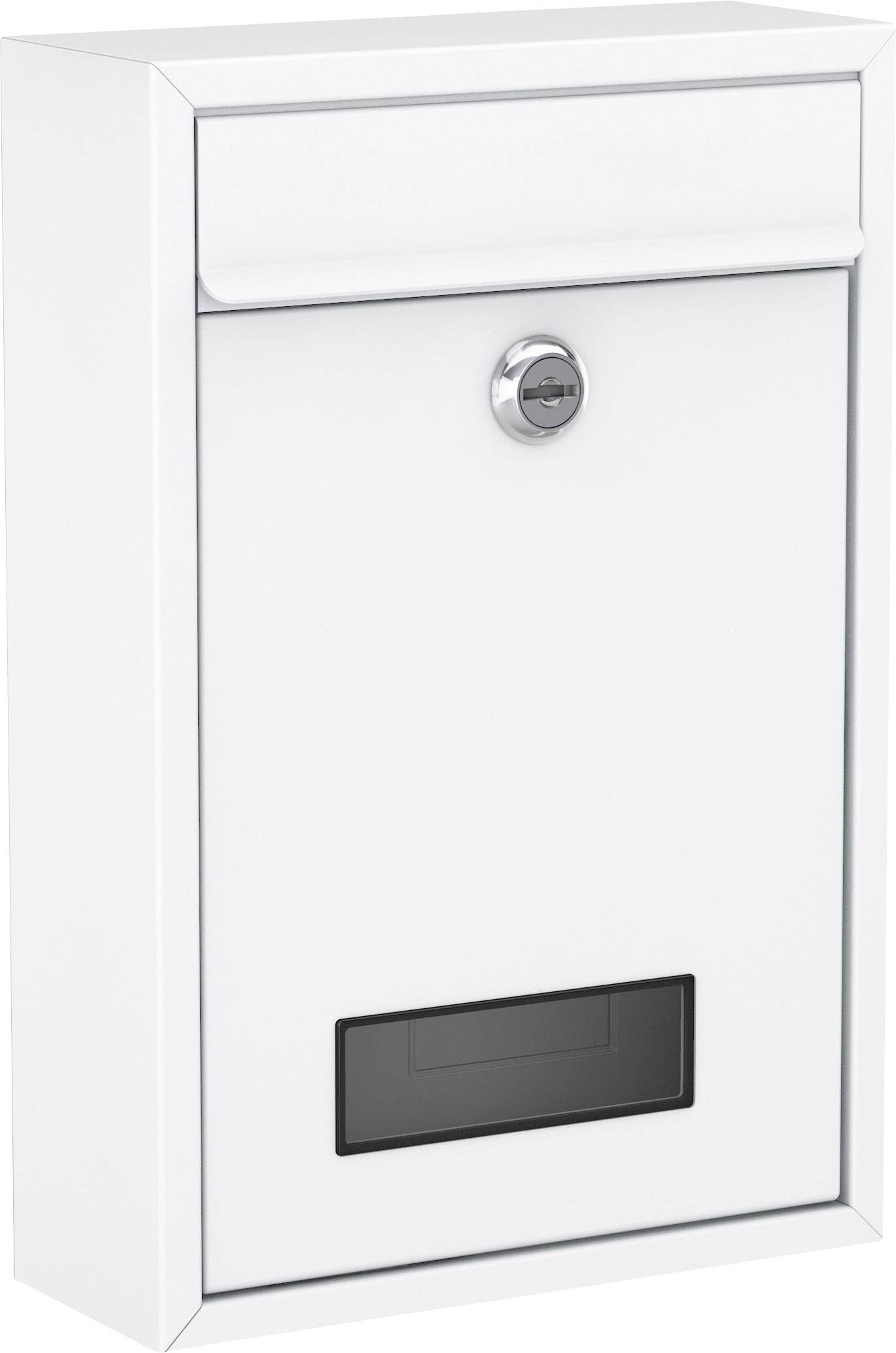 White metal wall-mounted letterbox with lock and name plate holder.