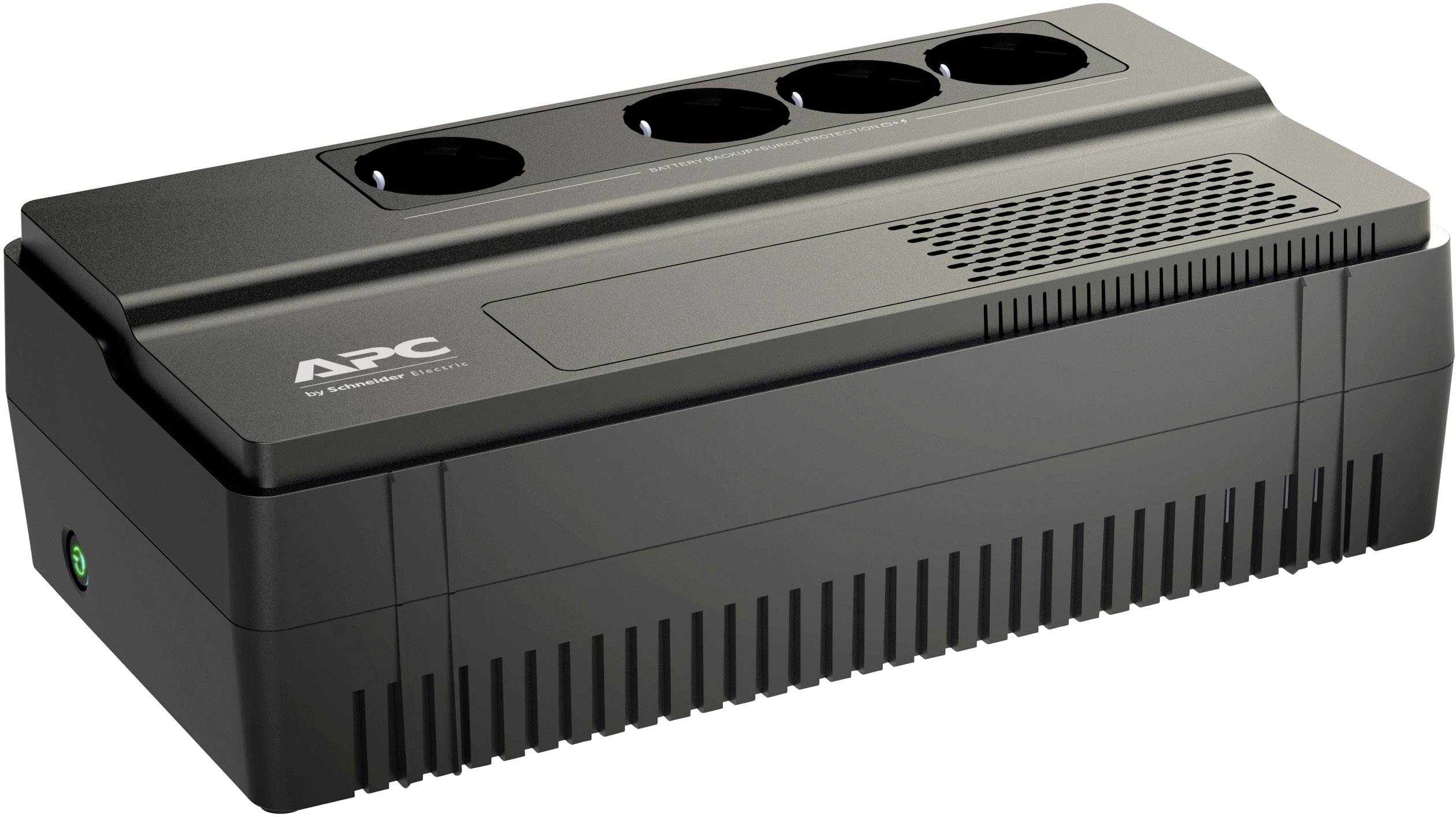 An uninterruptible power supply (UPS) with three European plug sockets. It serves to provide power continuity for electronic devices.