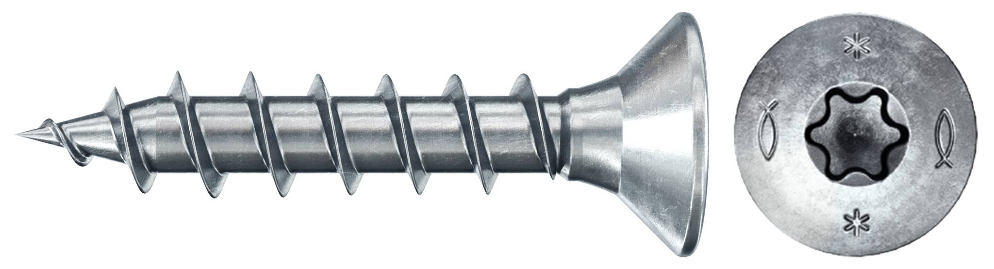 Metal countersunk screw with cross-head slot, silver-coloured, suitable for wood and metal connections.
