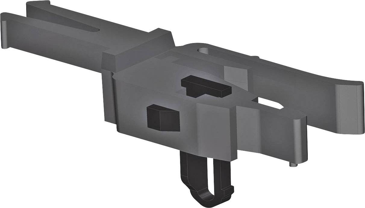 Grey plastic technical component, likely a connector element or mounting bracket, with multiple openings and attachment points.