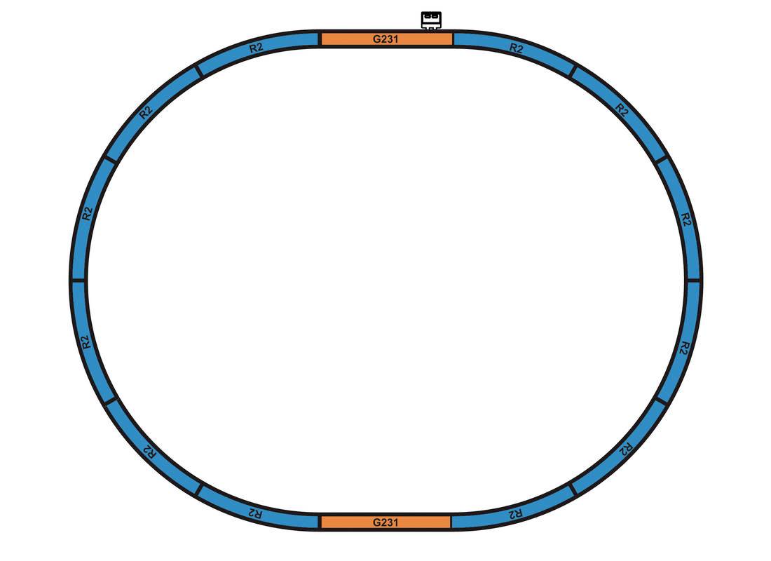 Racing circuit with segments G231 and Z34 in Orange, R2 and P2 in Blue. Bus symbol located above G231.