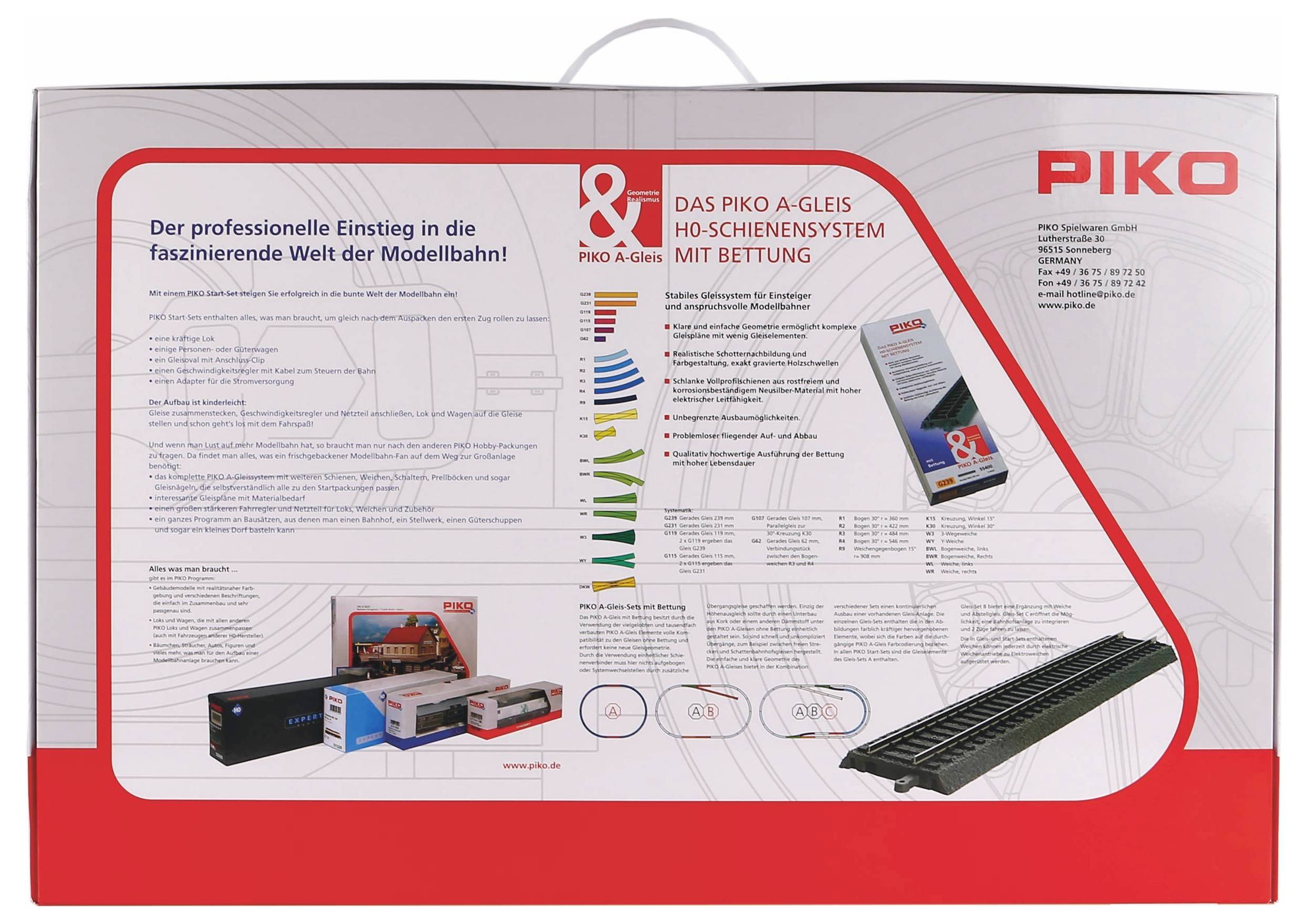 Packaging for a model railway track system by PIKO. Displays products, graphics, and text describing the A-Track HO rails with track bed.