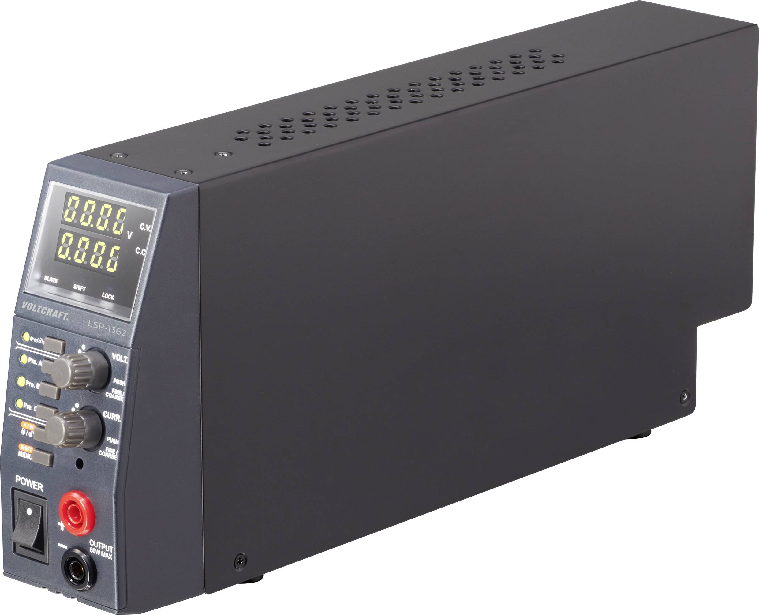 A black power supply unit with a digital display on the front showing numbers. It has multiple ports and control elements on the front panel.
