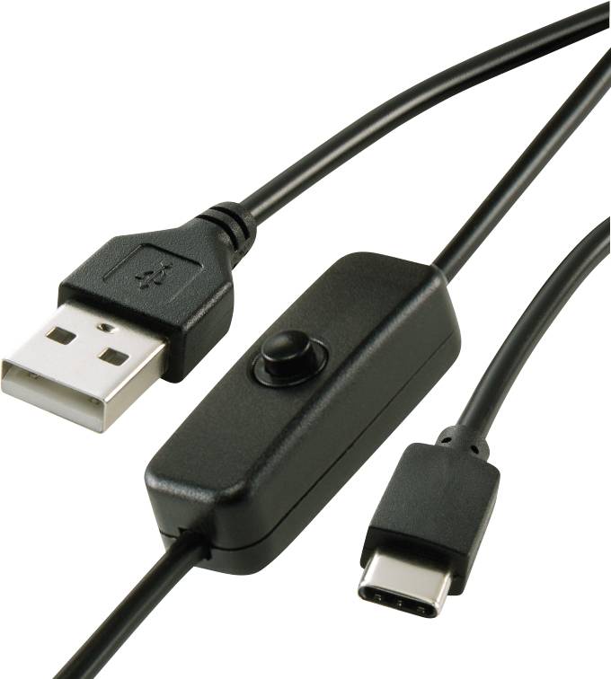 USB cable with on/off switch shows a standard USB-A connector and a USB-C connector, connected by a black cable.