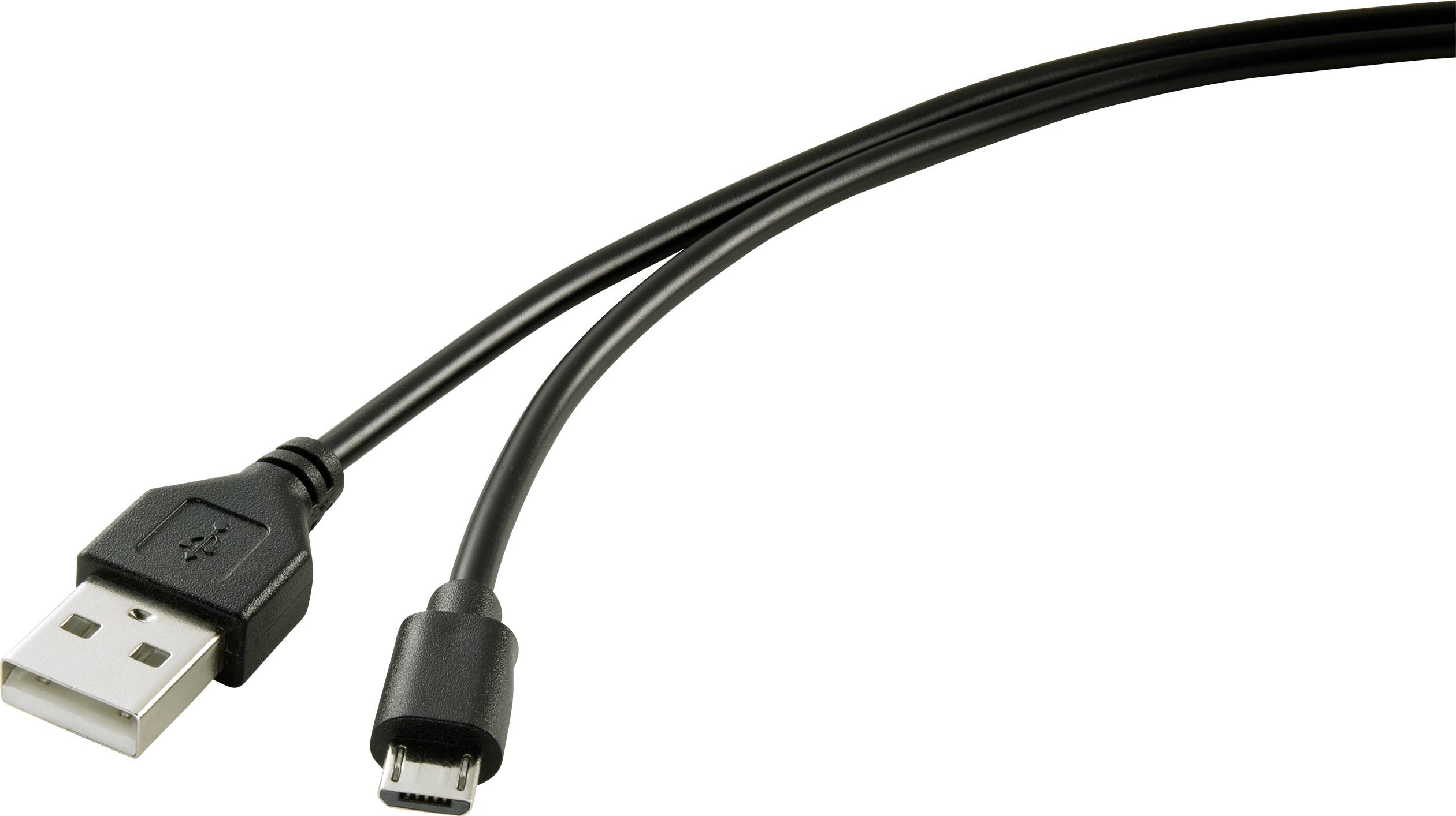 USB cable with two ends: on the left a standard USB connector, on the right a micro-USB connector. Used for charging and data transfer.