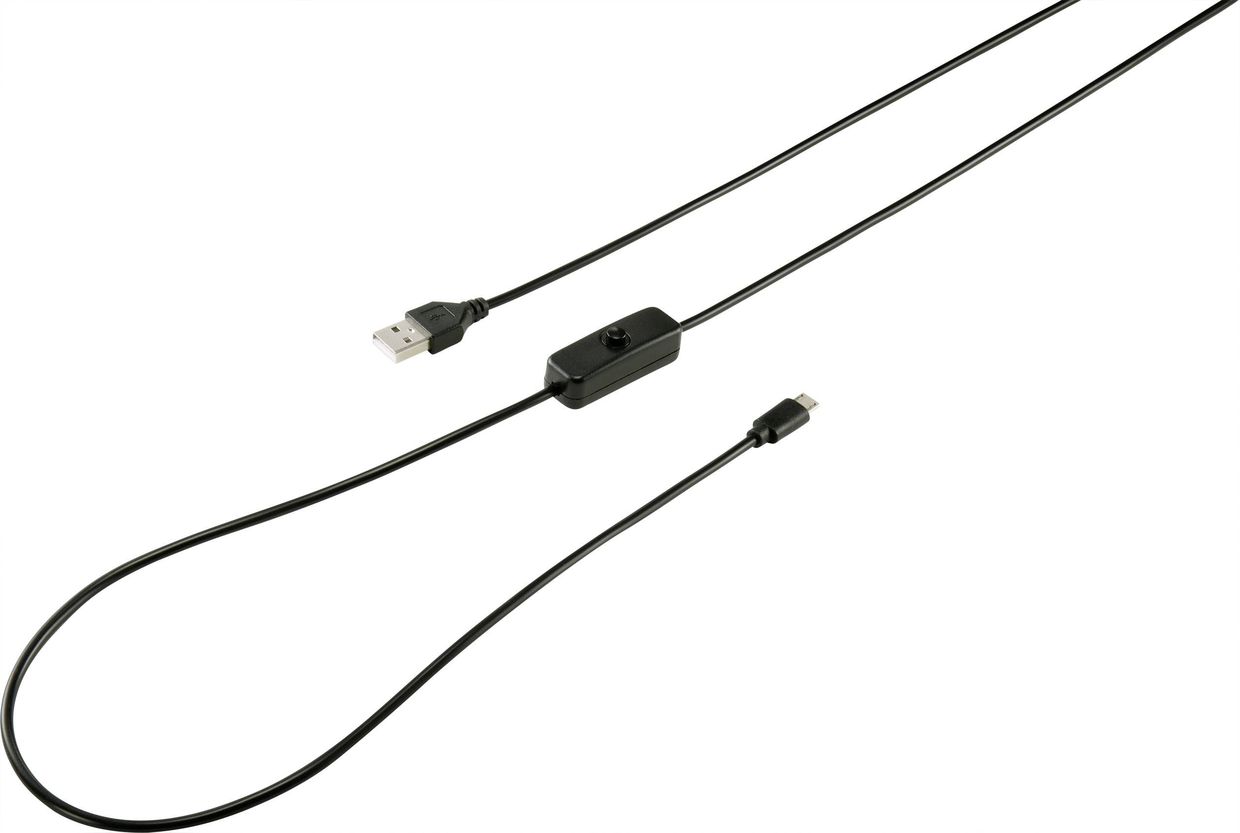 A black USB cable with a switch in the middle; one end has a USB plug, the other a USB-C plug.