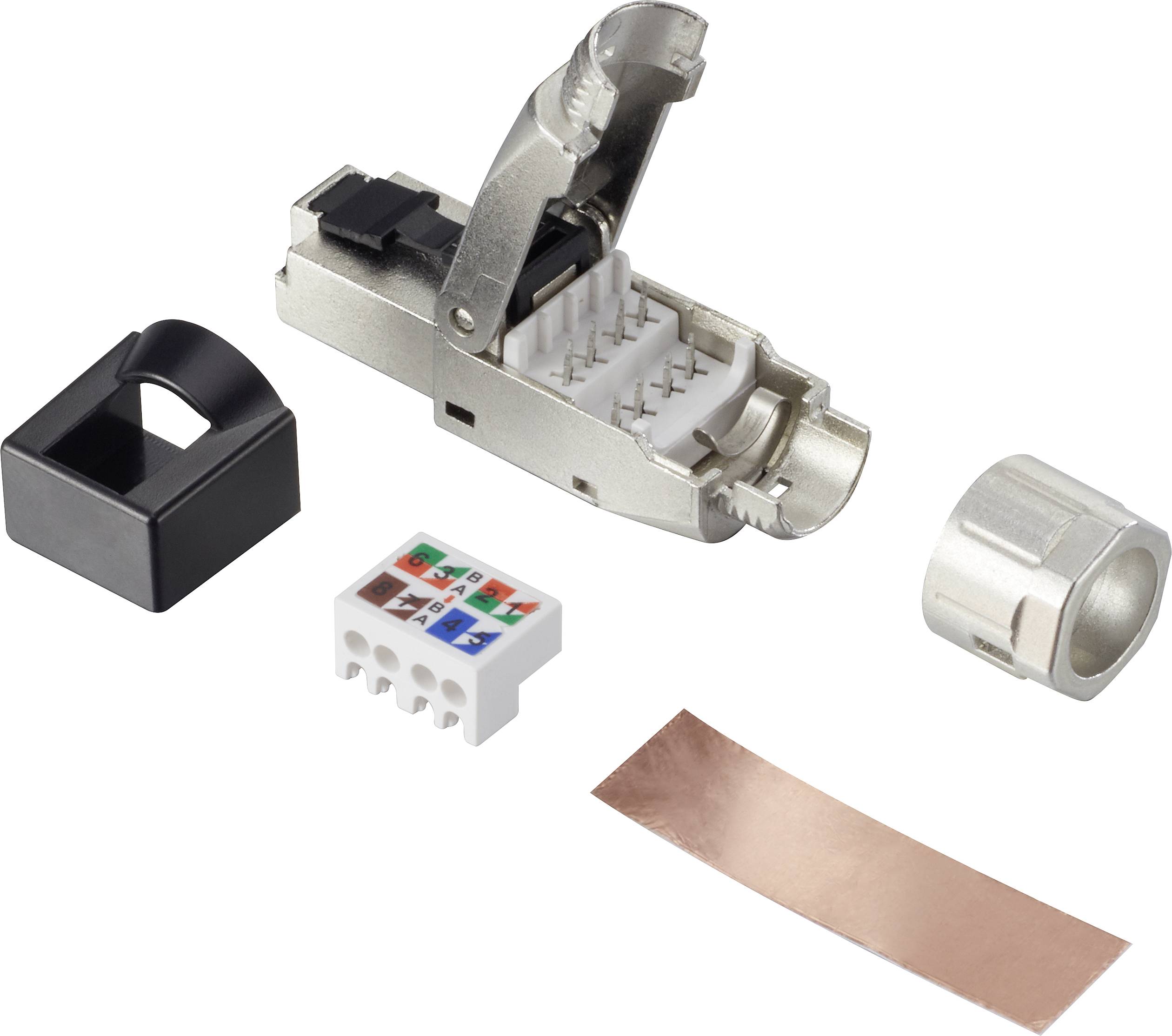 A modular RJ45 plug with an open metal cover. Individual components such as plastic and metal parts are visible.