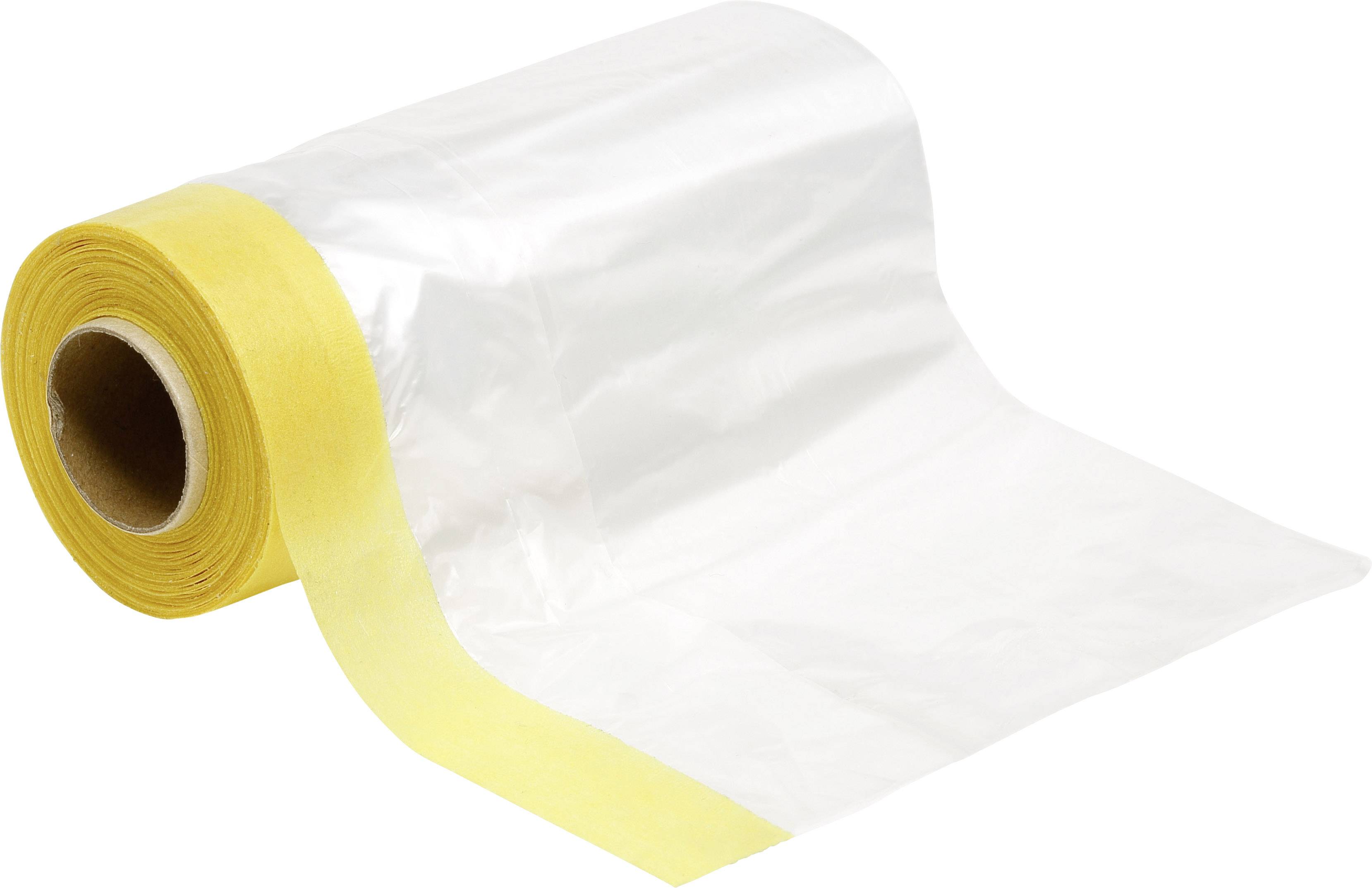 A roll of transparent plastic film with a yellow edge is lying on a table and is partially unrolled.